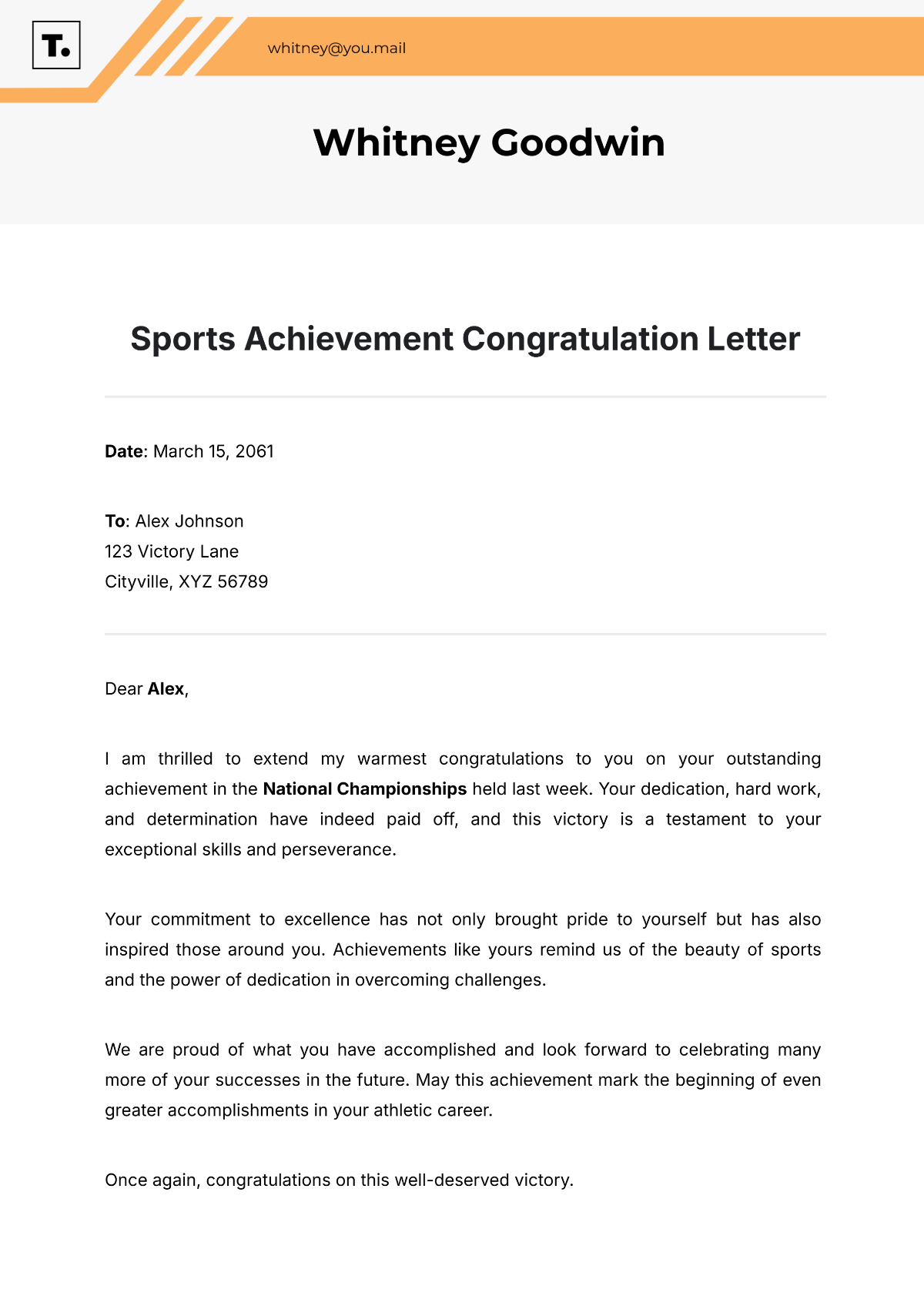 Free Sports Achievement Congratulation Letter Template