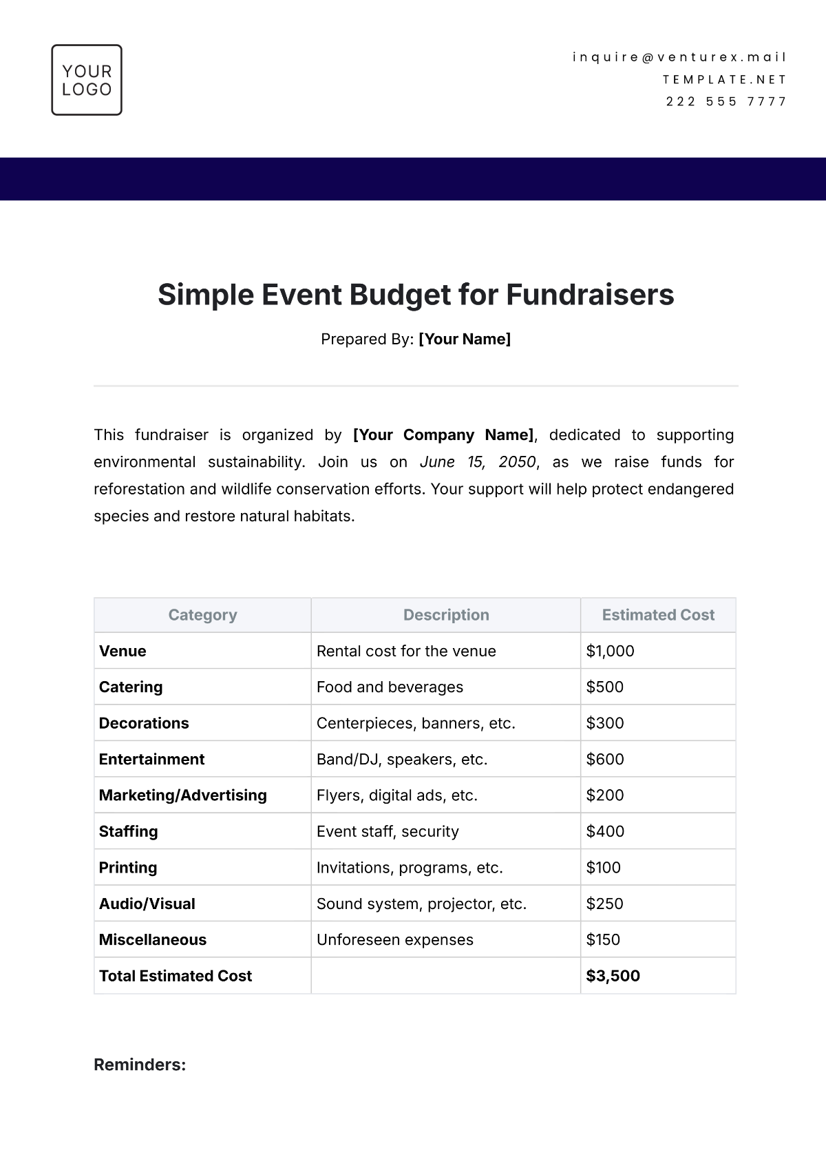 Free Simple Event Budget Template for Fundraisers