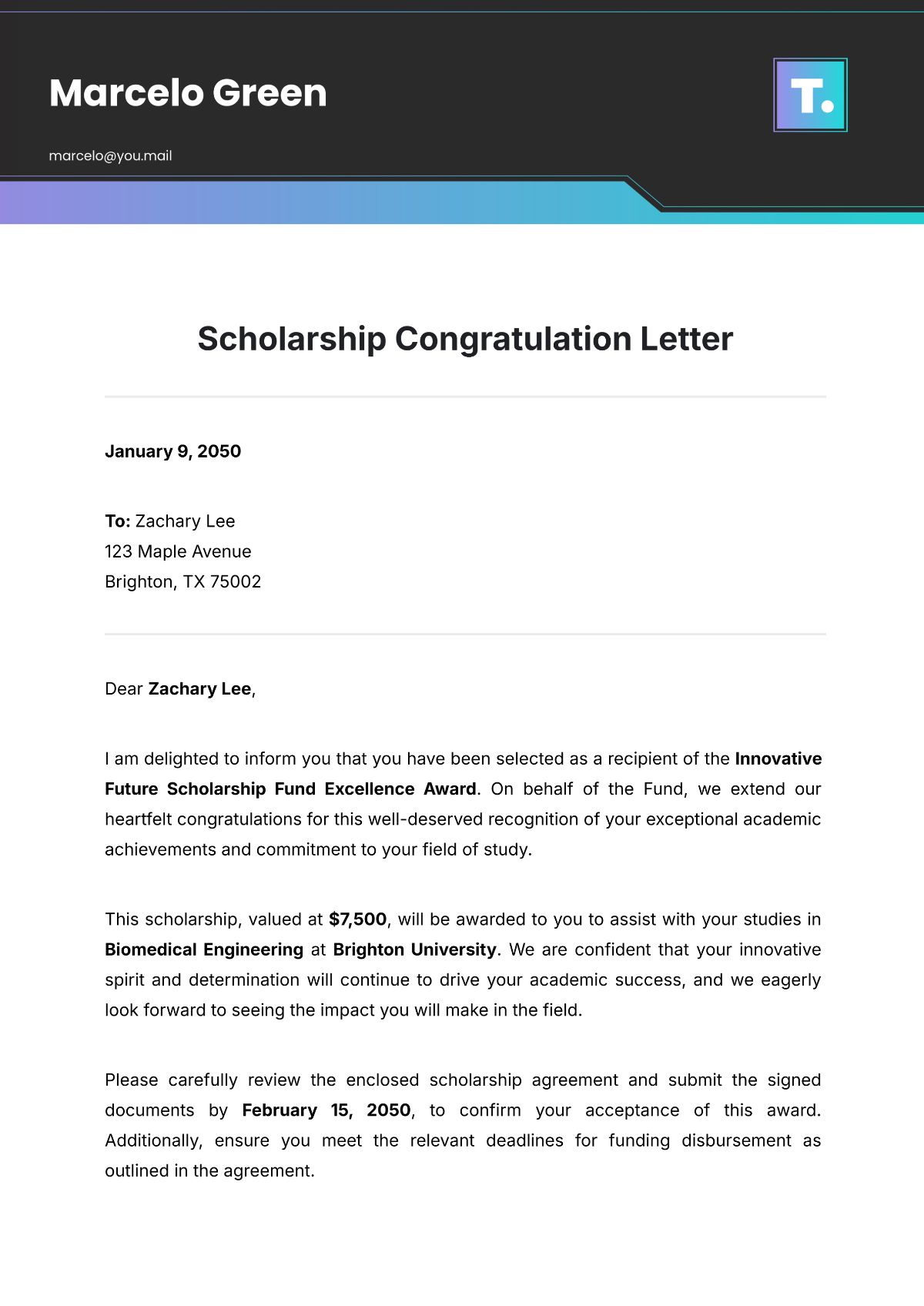 Free Scholarship Congratulation Letter Template