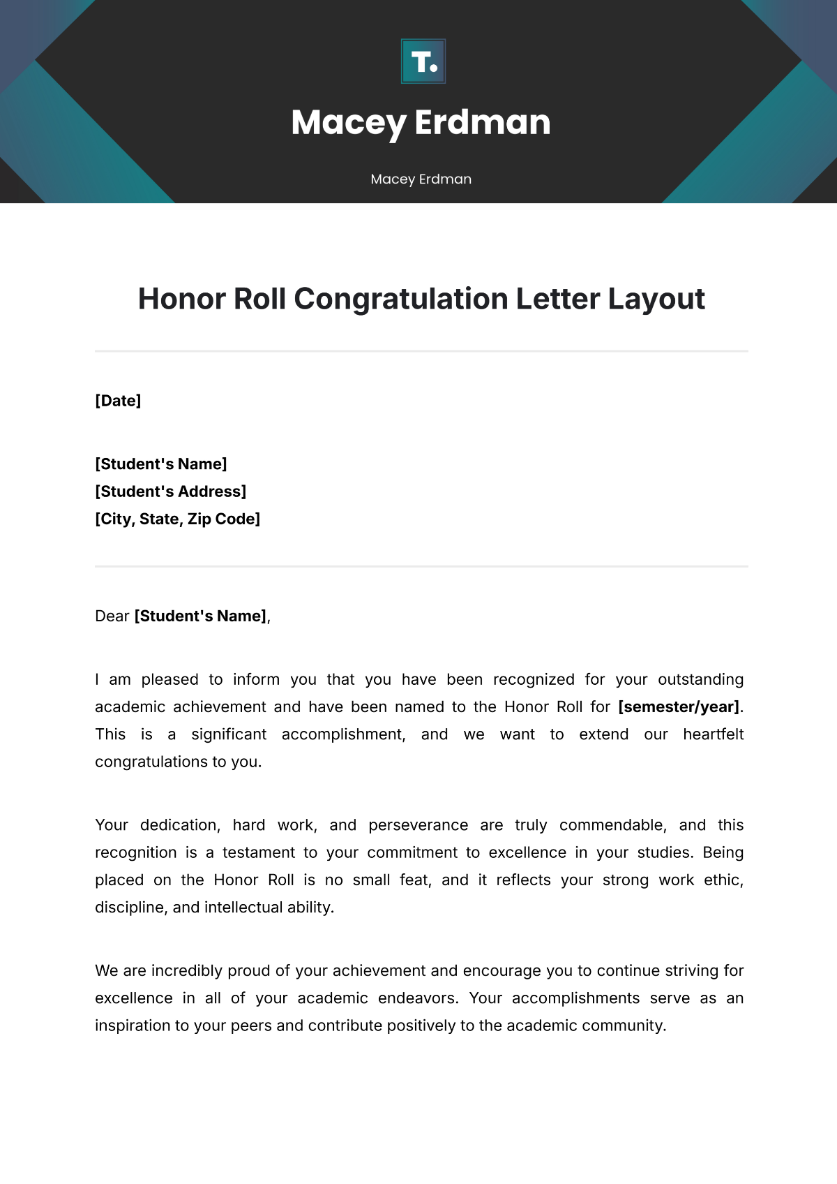 Free Honor Roll Congratulation Letter Layout Template