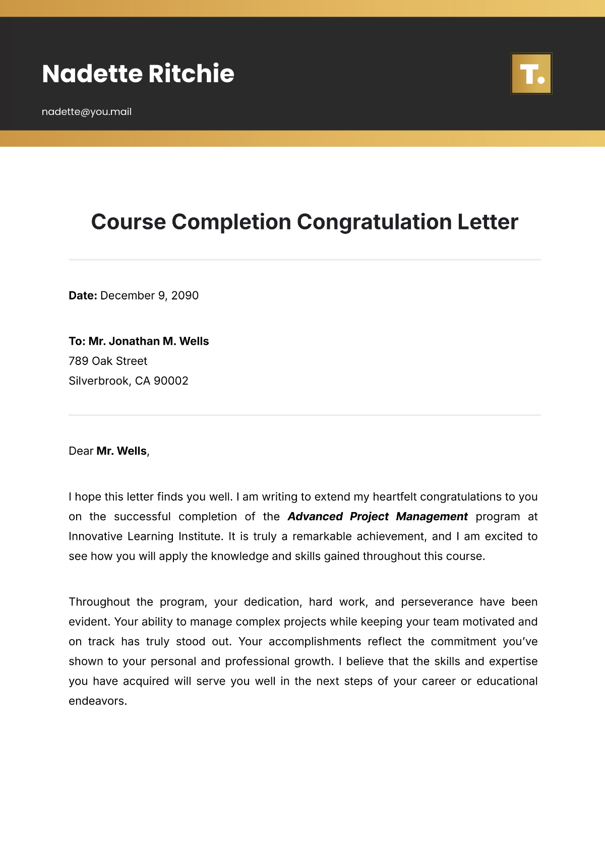 Free Course Completion Congratulation Letter Template