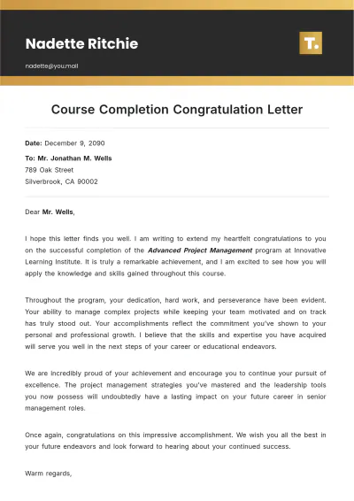 Free Course Completion Congratulation Letter Template to Edit Online