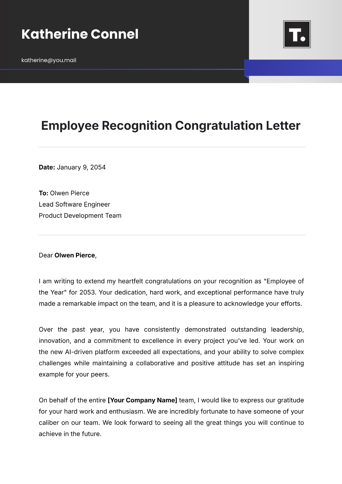 Free Employee Recognition Congratulation Letter Template