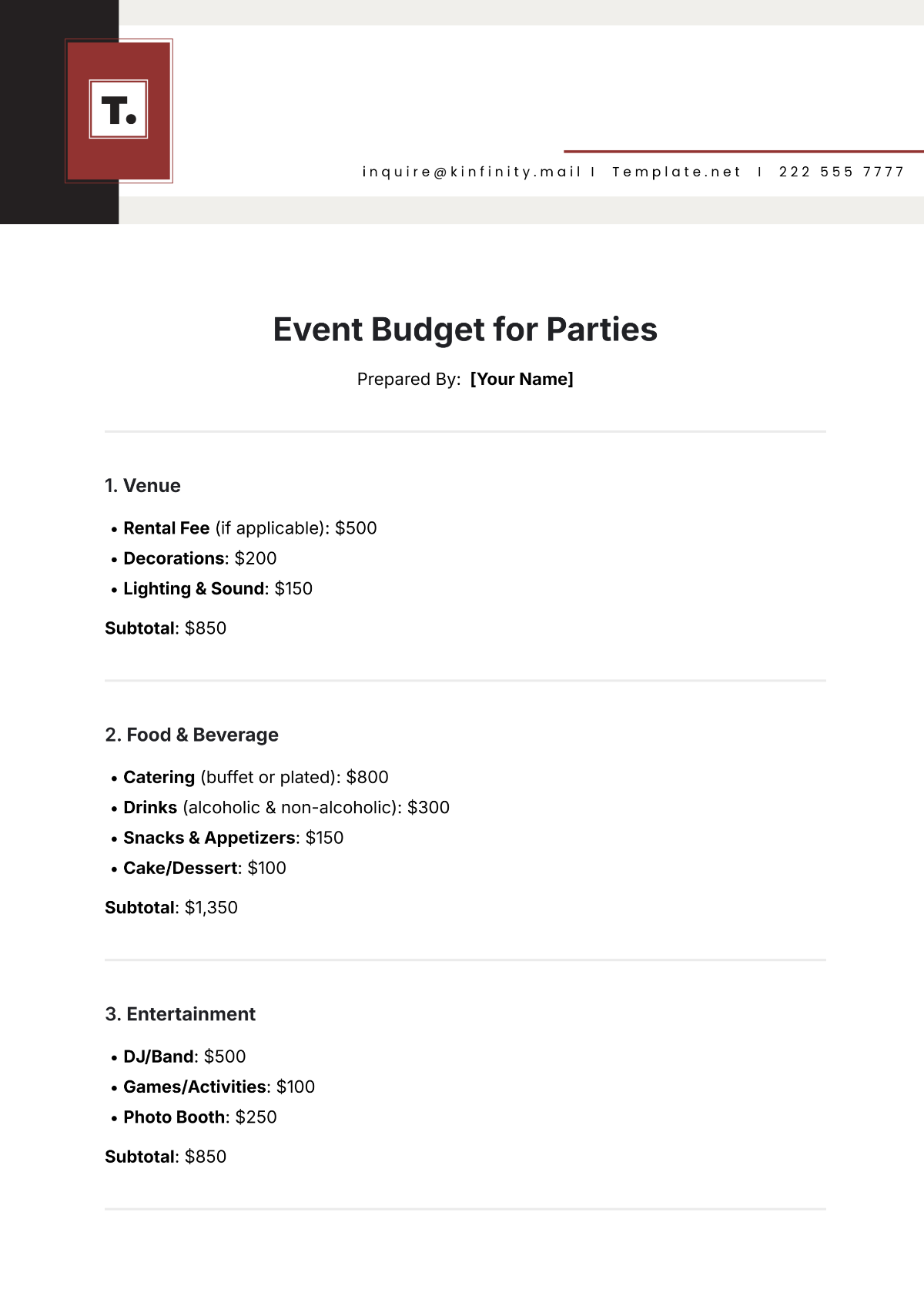 Free Event Budget Template for Parties