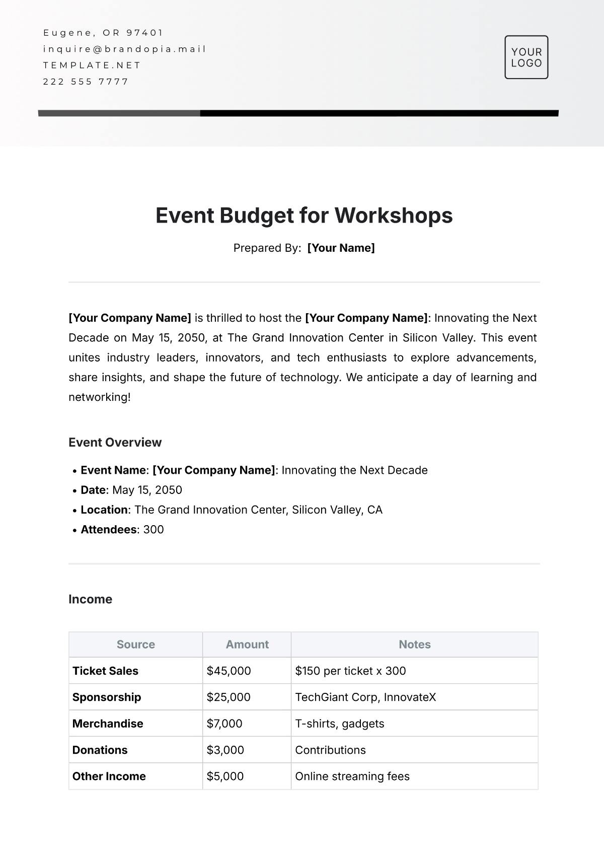 Free Event Budget Template for Workshops