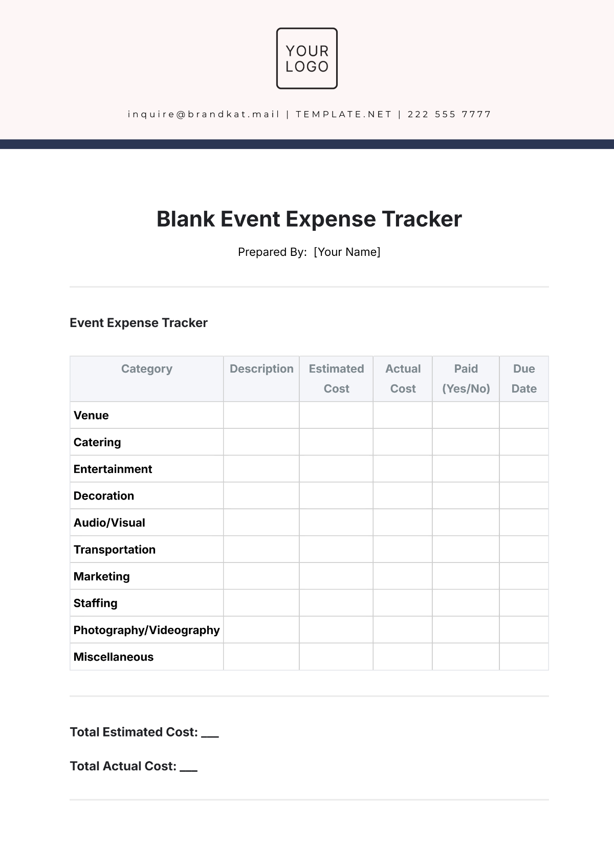 Free Blank Event Expense Tracker Template