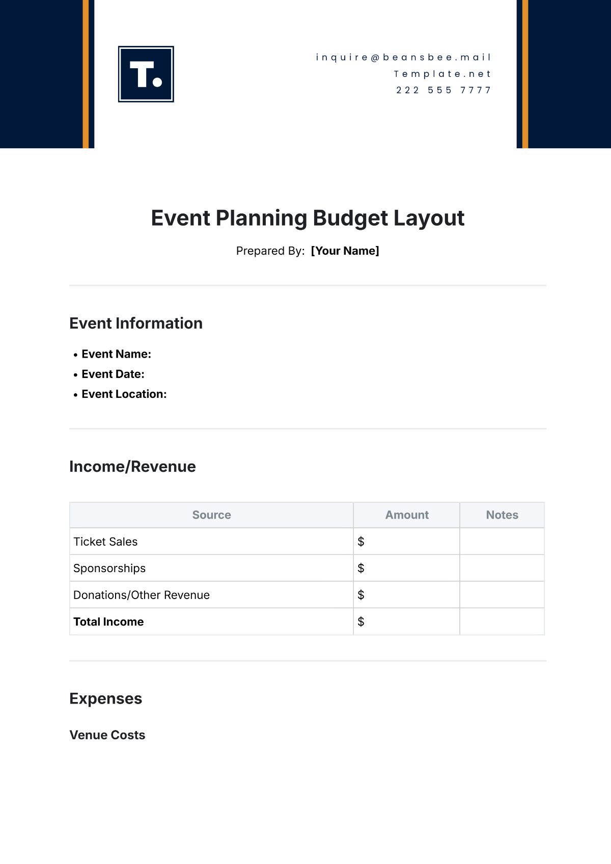 Free Event Planning Budget Layout Template