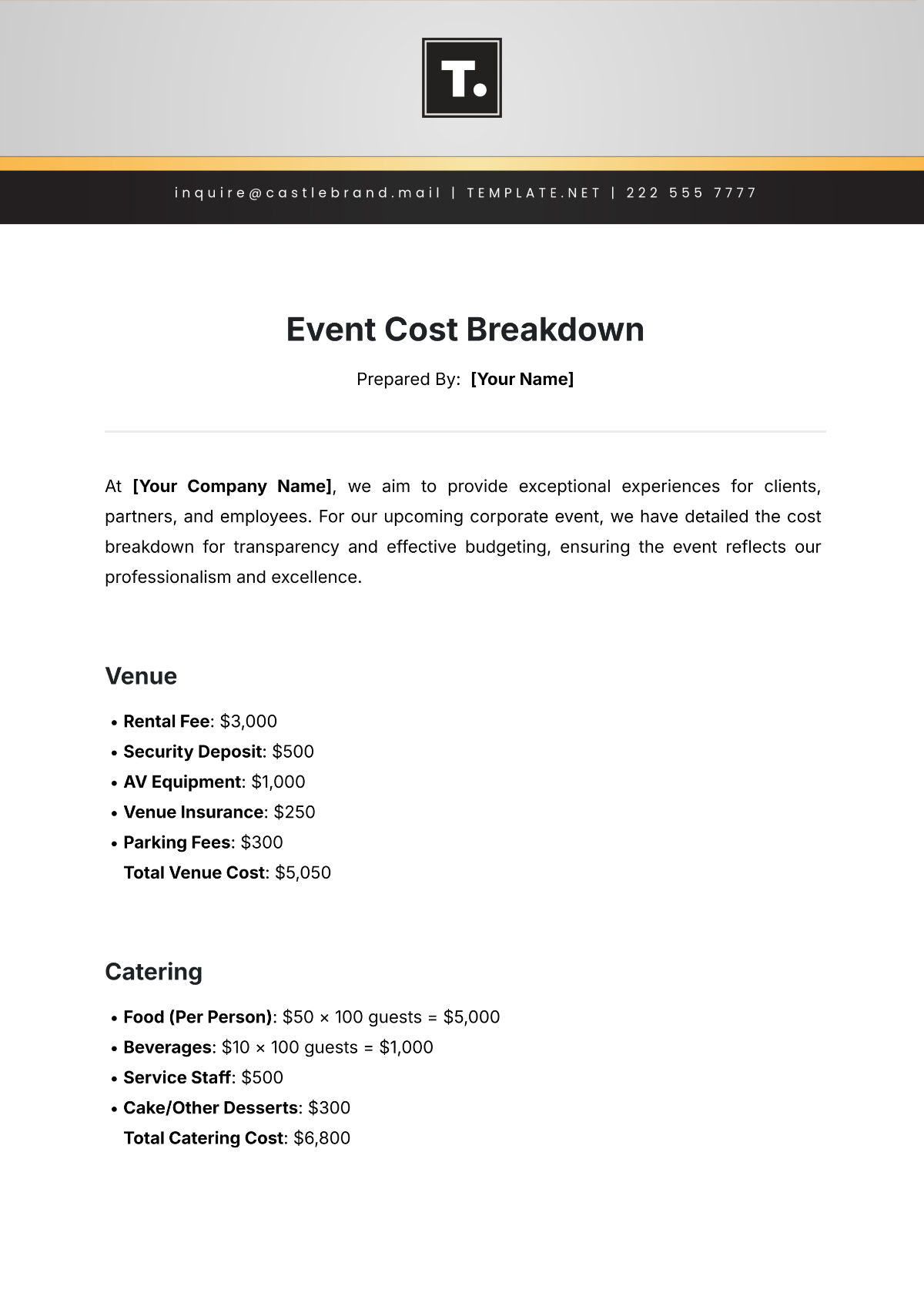 Free Event Cost Breakdown Template