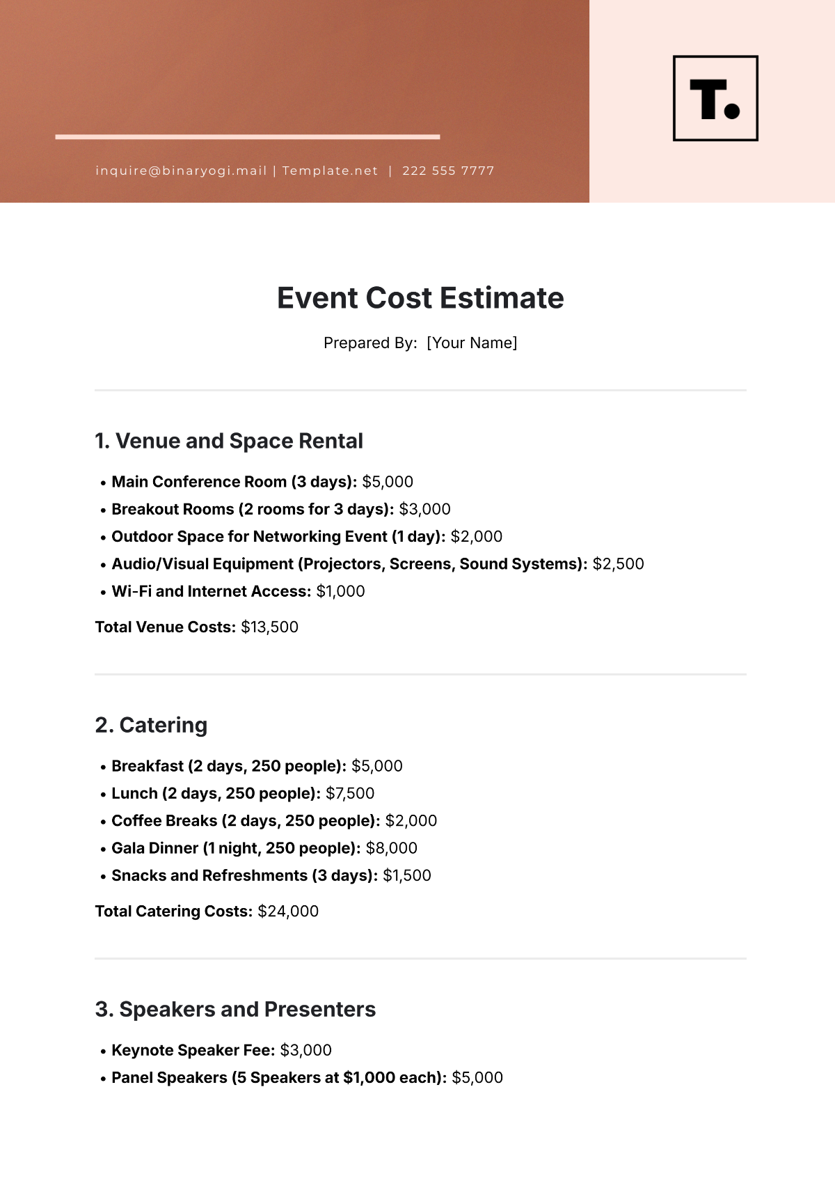 Free Event Cost Estimate Template