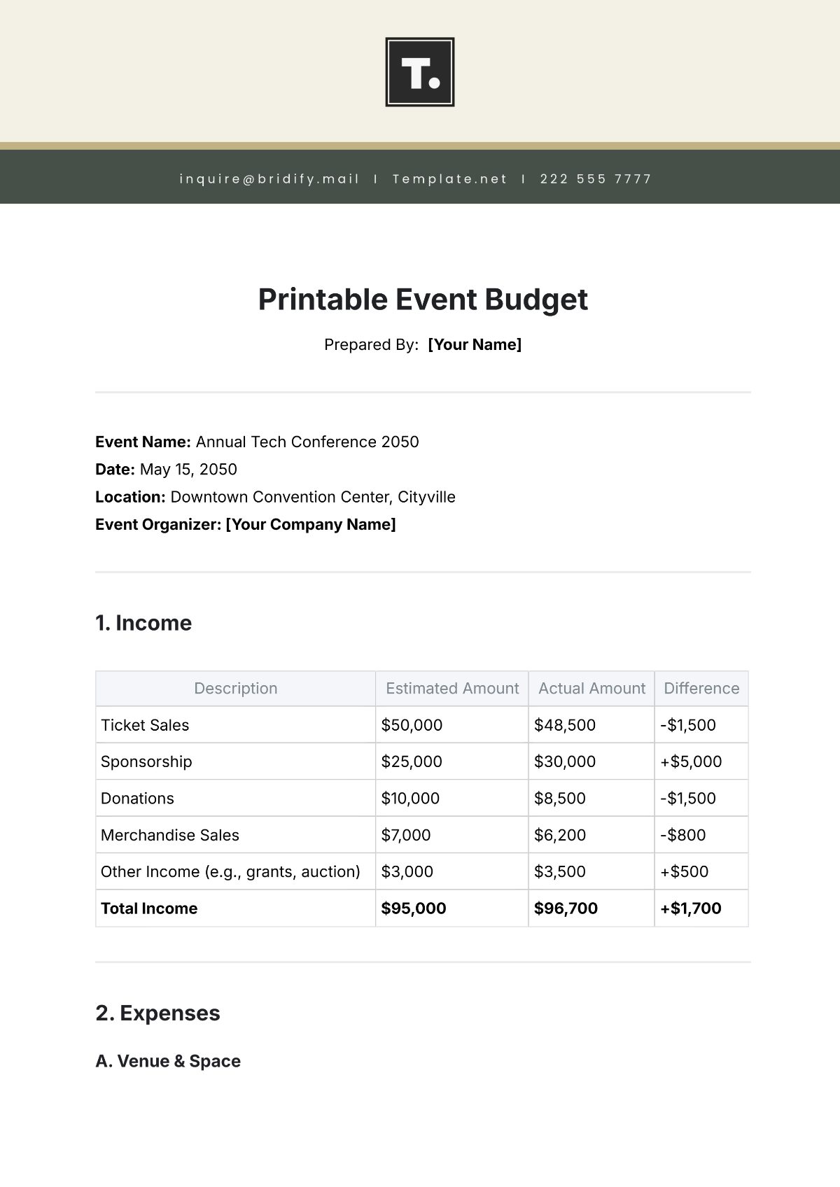 Free Printable Event Budget Template