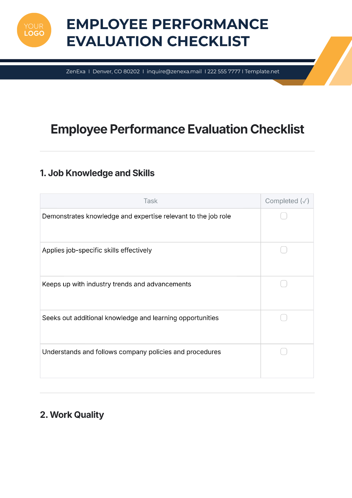 Free Employee Performance Evaluation Checklist Template