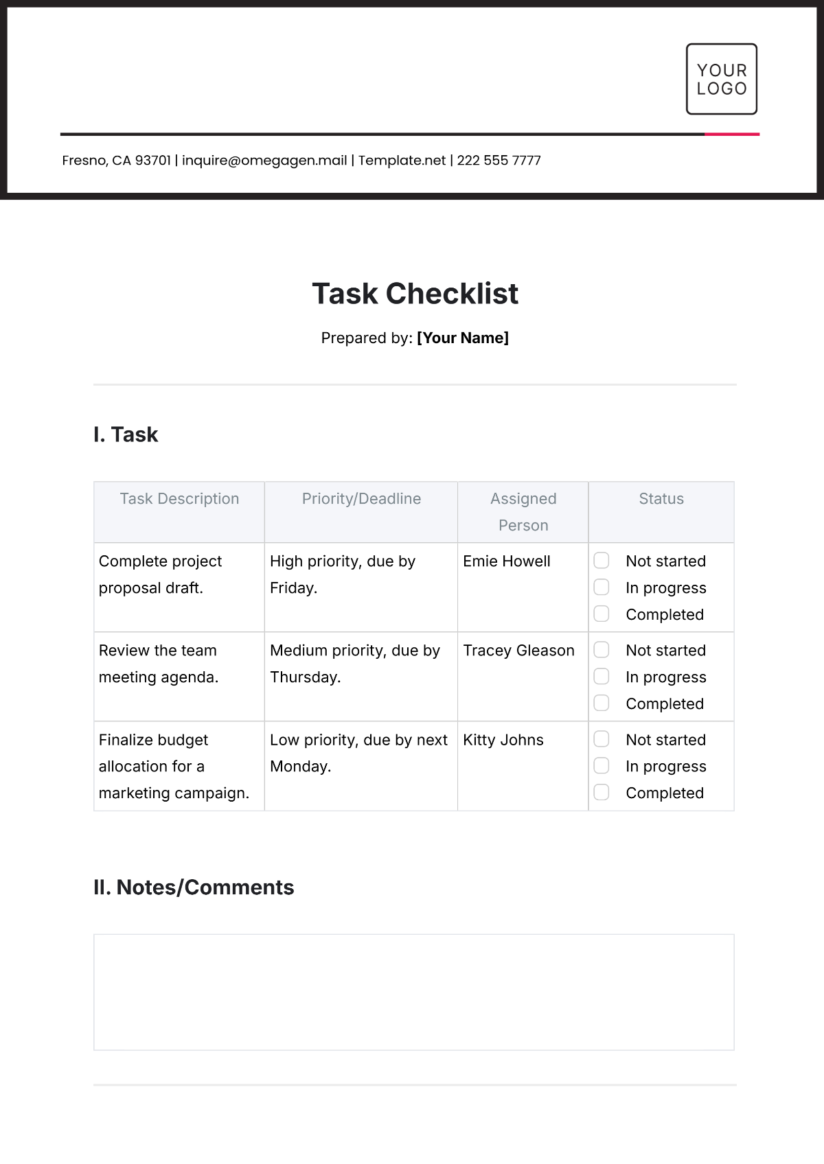 Free Task Checklist Template