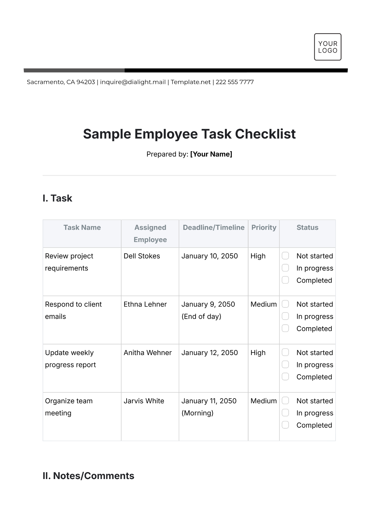 Free Sample Employee Task Checklist Template