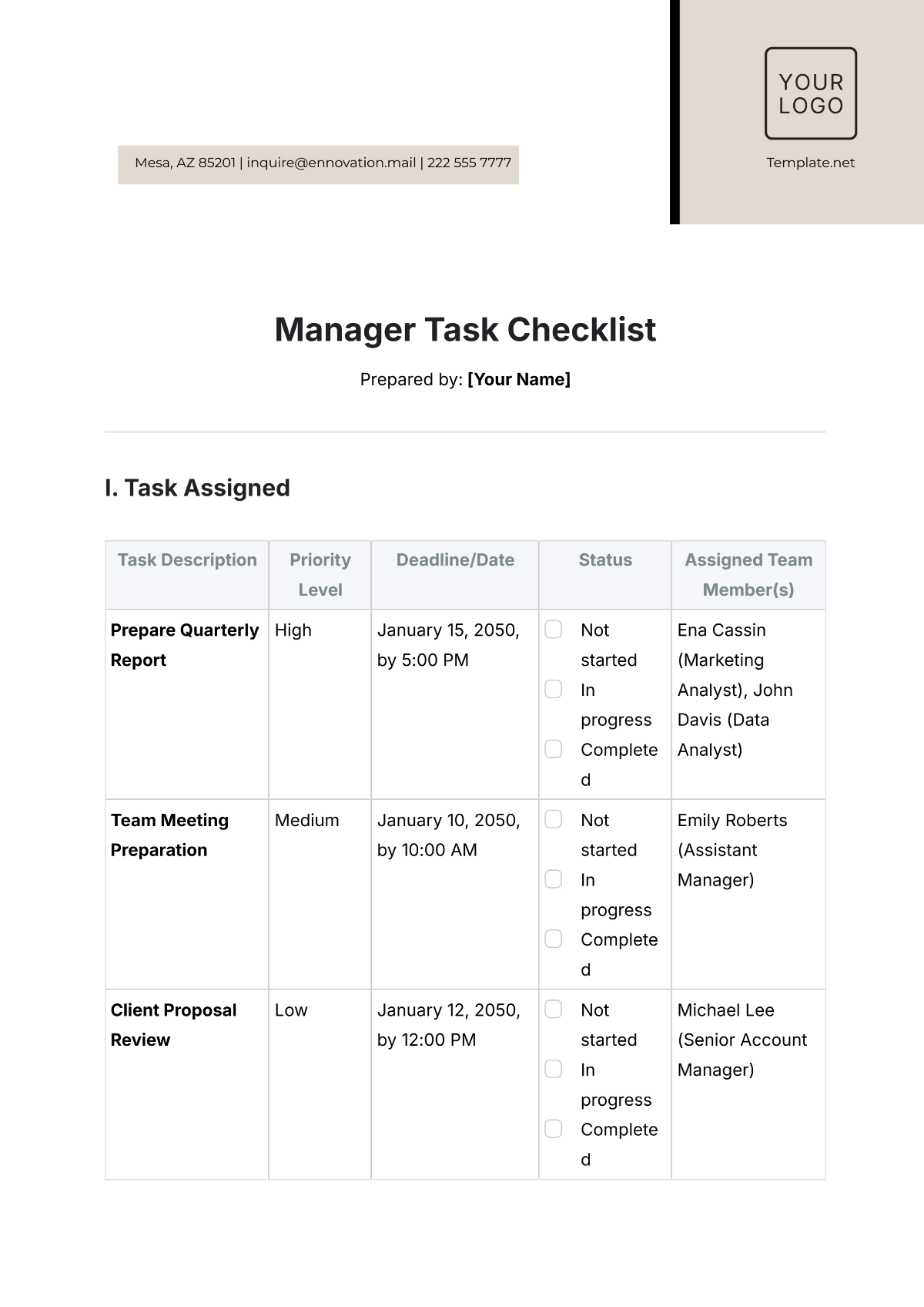 Free Manager Task Checklist Template