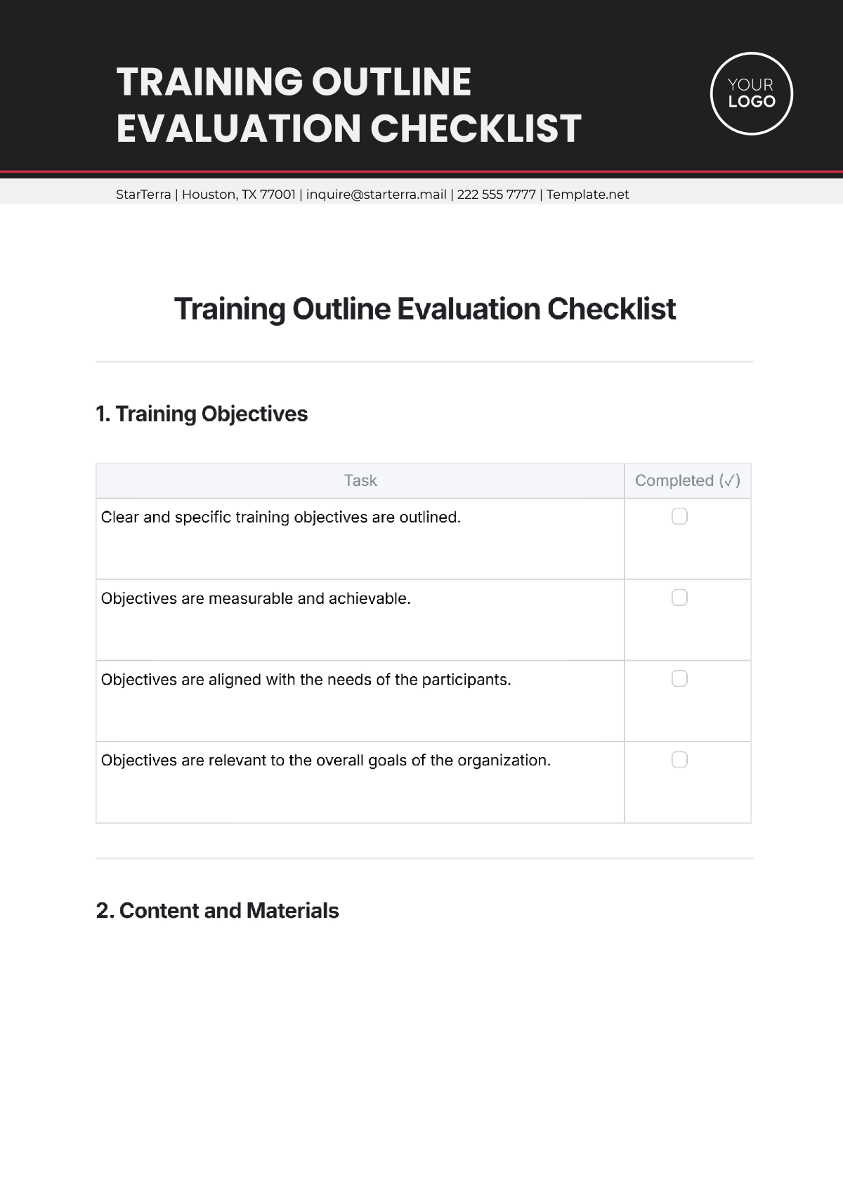 Free Training Outline Evaluation Checklist Template