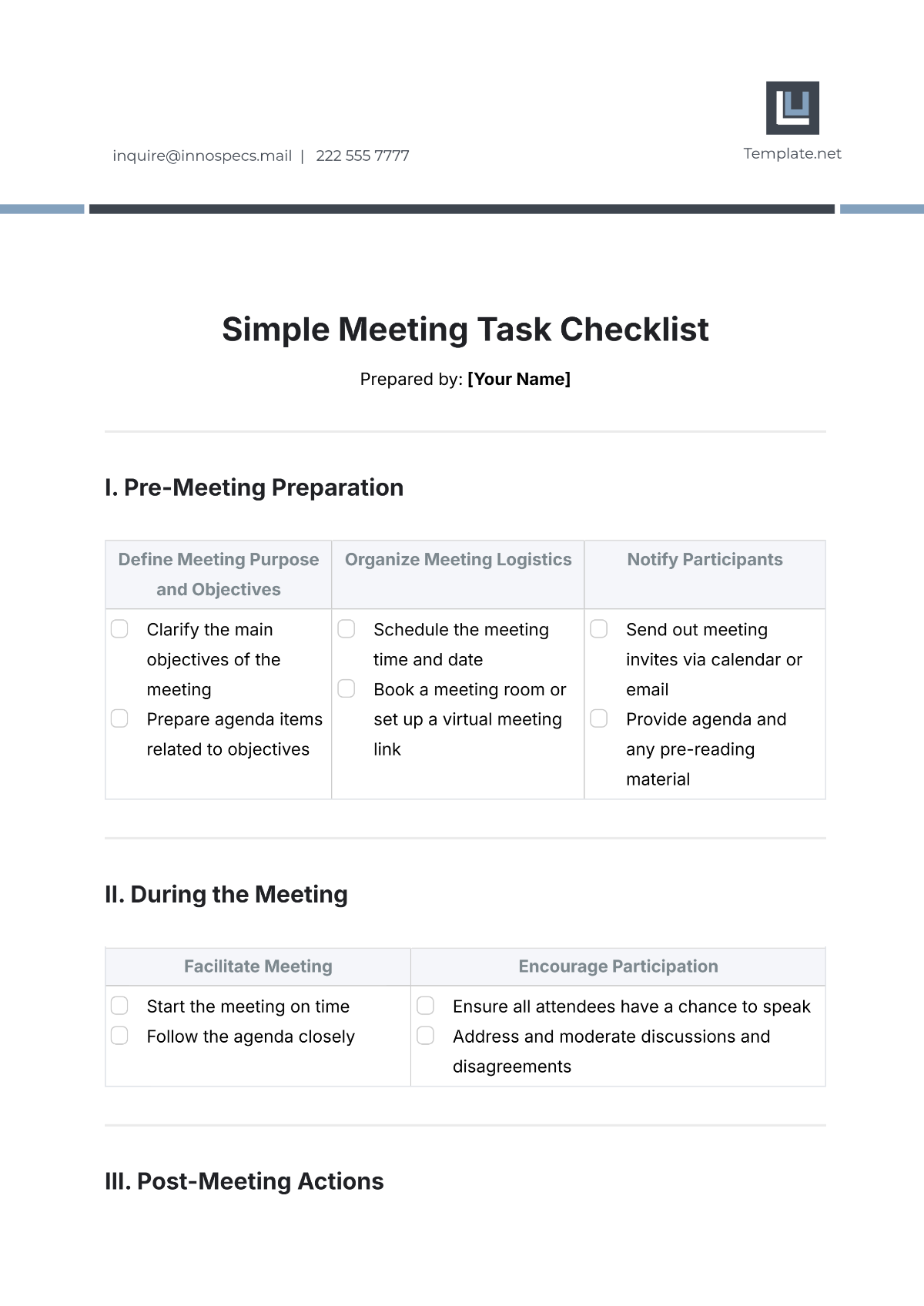 Free Simple Meeting Task Checklist Template