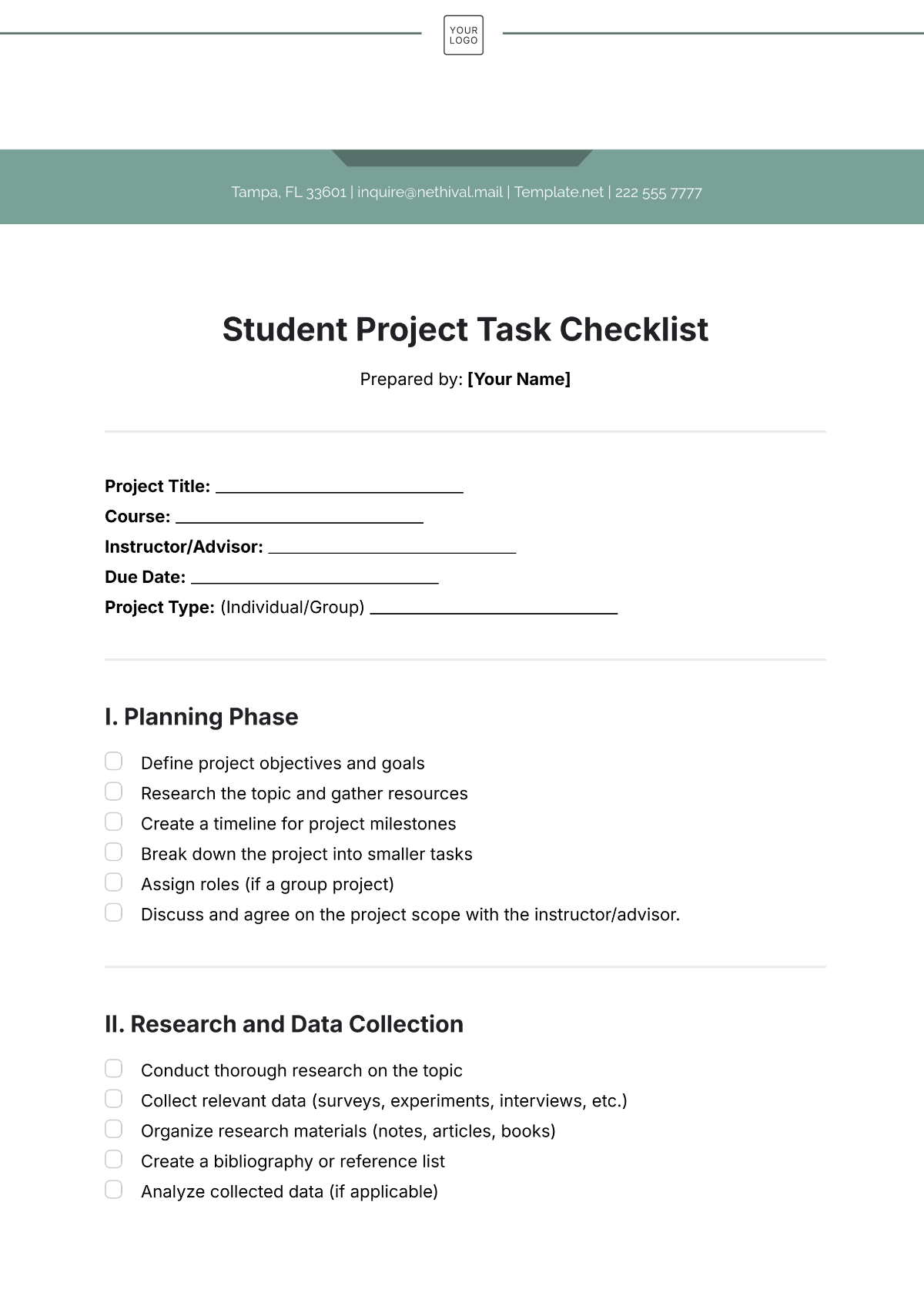 Free Student Project Task Checklist Template