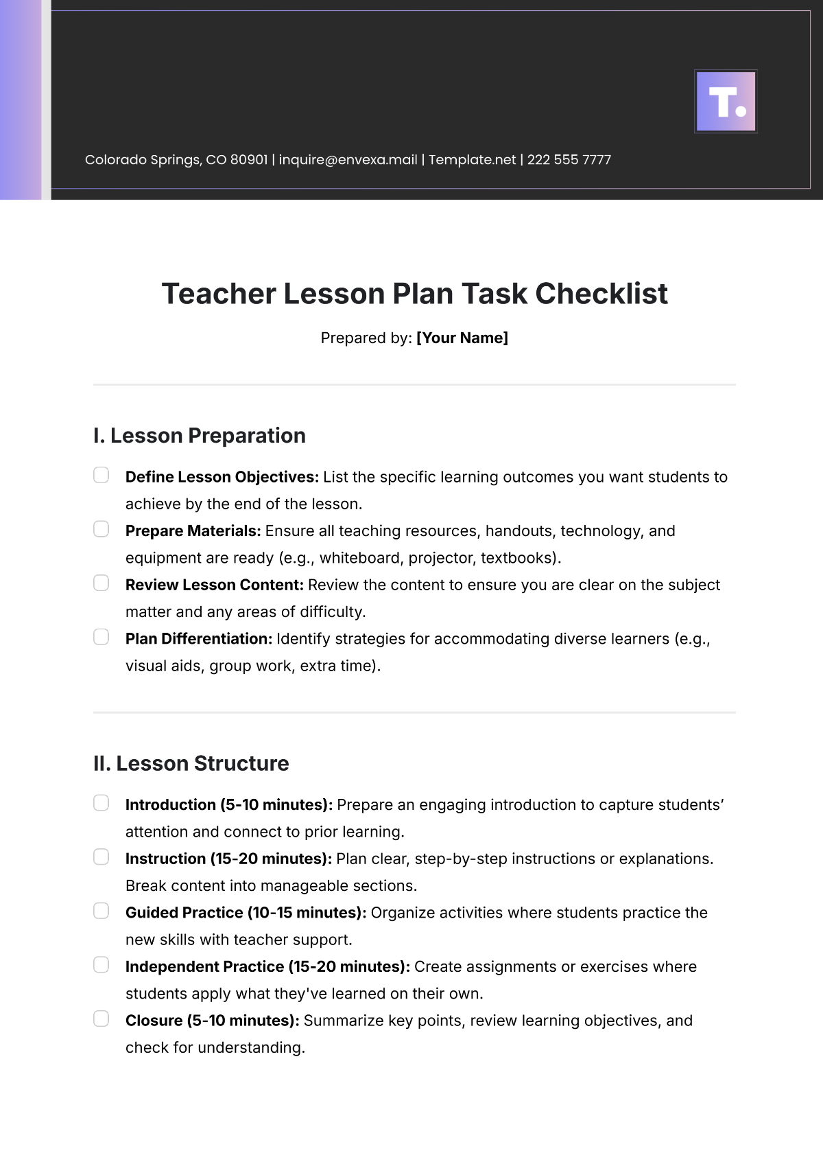 Free Teacher Lesson Plan Task Checklist Template