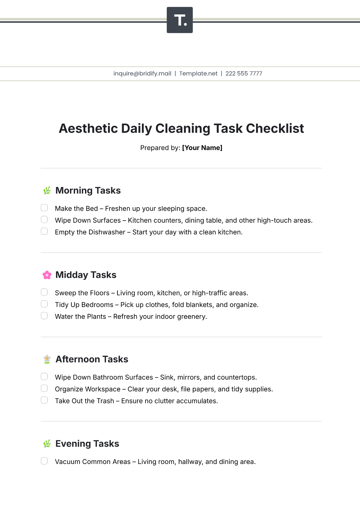 Free Aesthetic Daily Cleaning Task Checklist Template