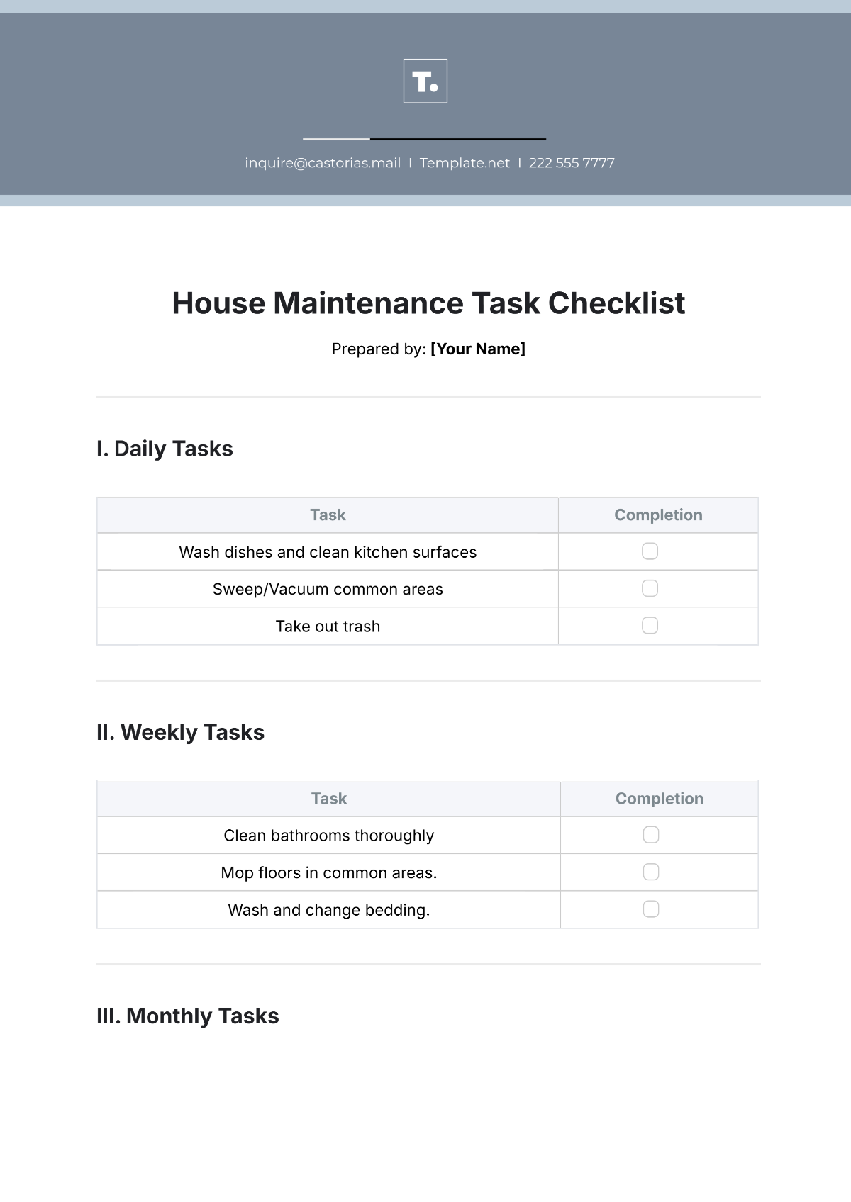 Free House Maintenance Task Checklist Template