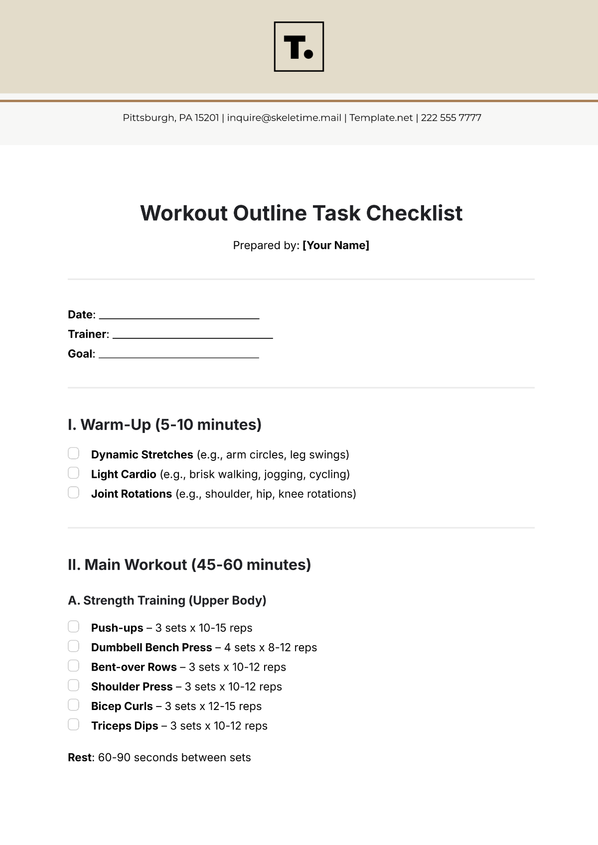 Free Workout Outline Task Checklist Template