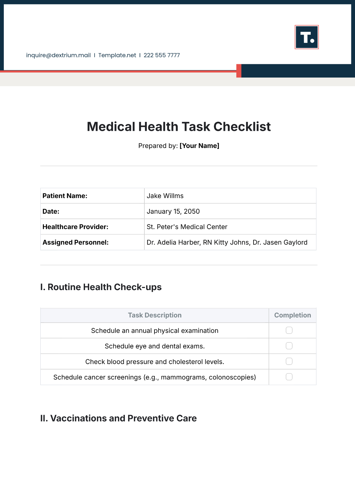 Free Medical Health Task Checklist Template