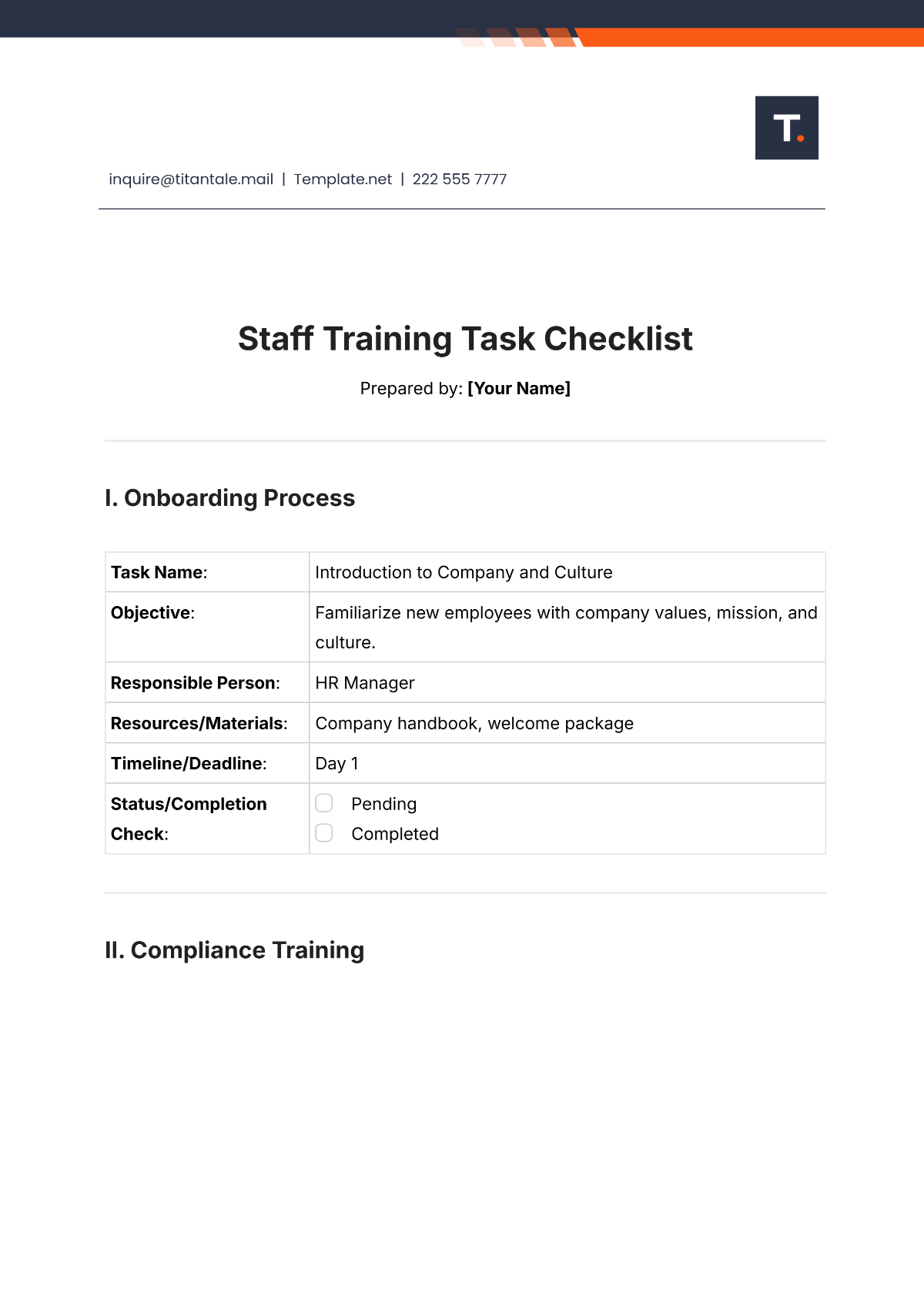 Free Staff Training Task Checklist Template