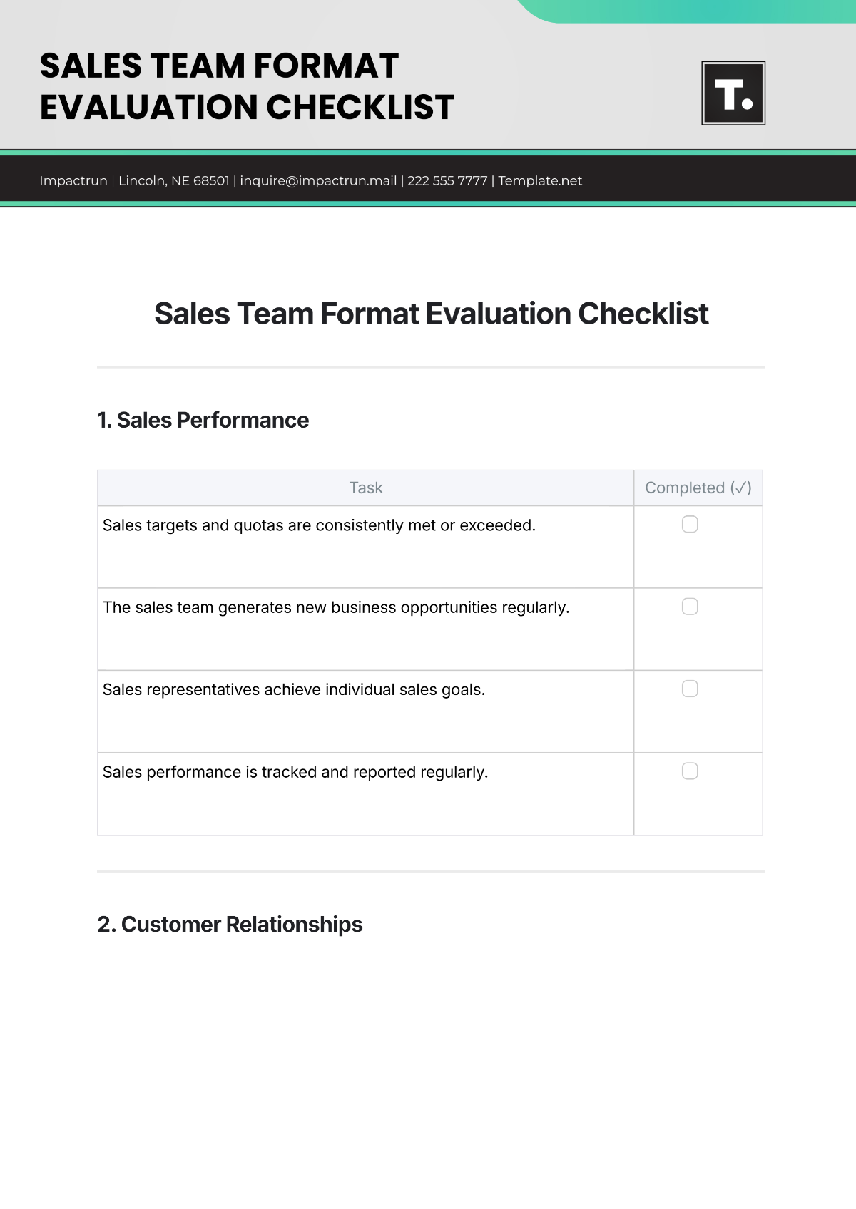 Free Sales Team Format Evaluation Checklist Template