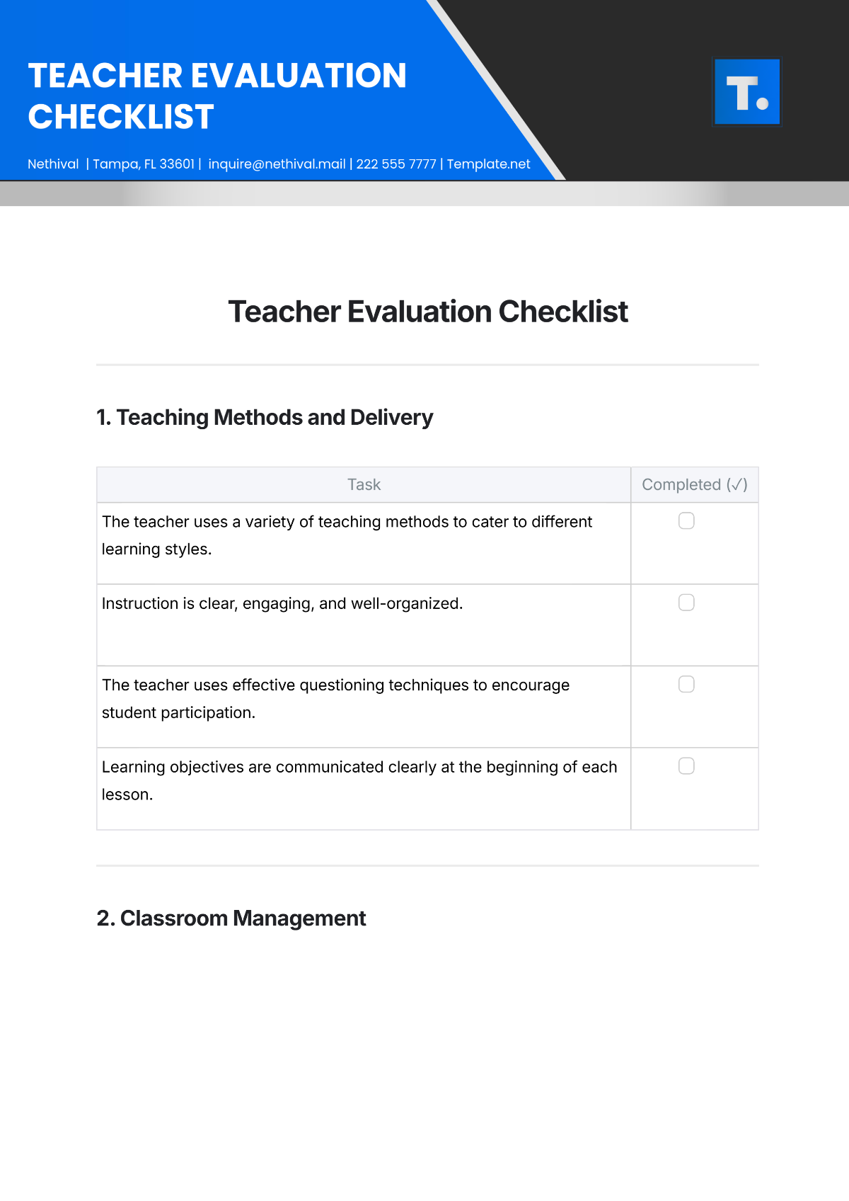 Free Teacher Evaluation Checklist Template