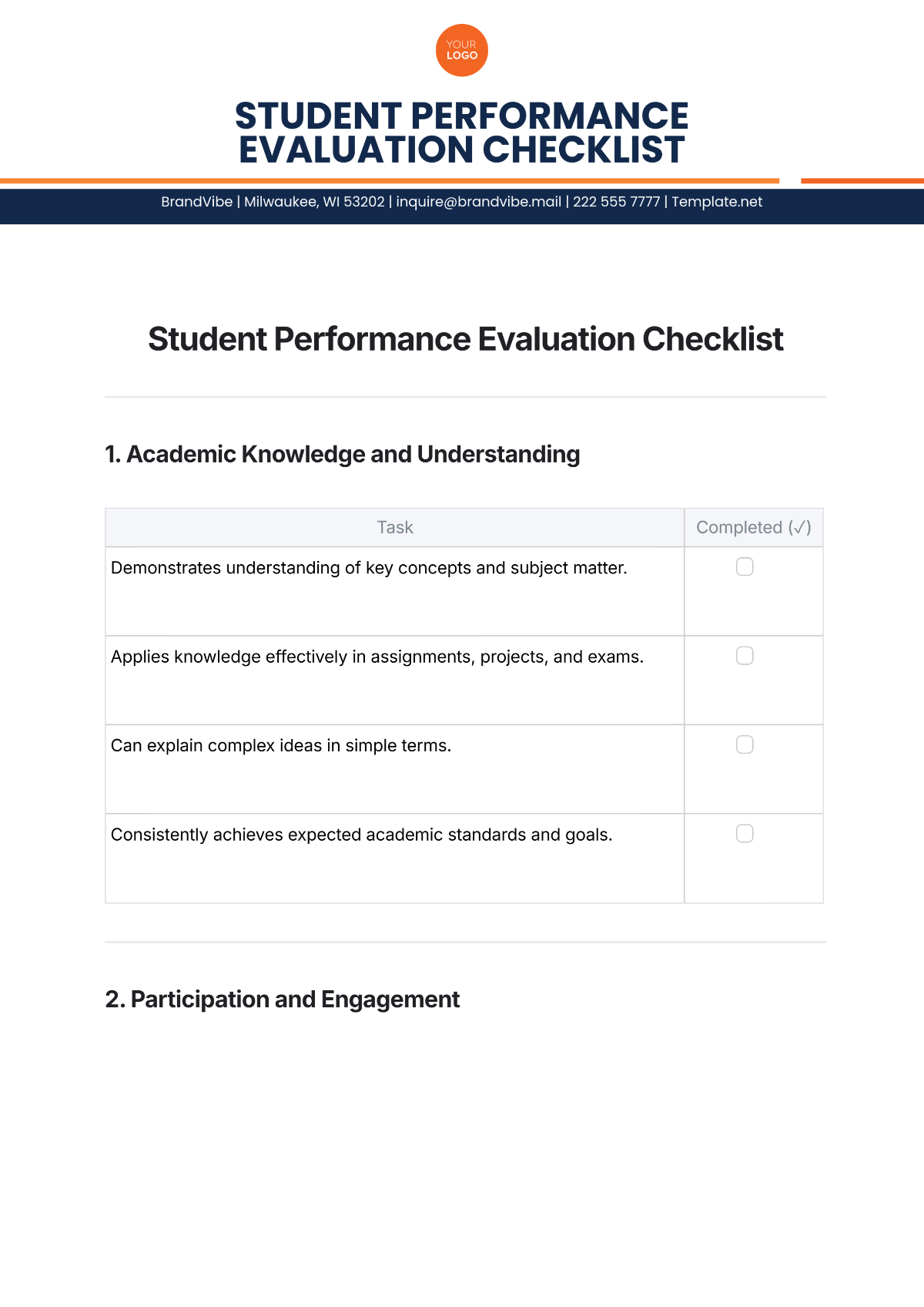 Free Student Performance Evaluation Checklist Template