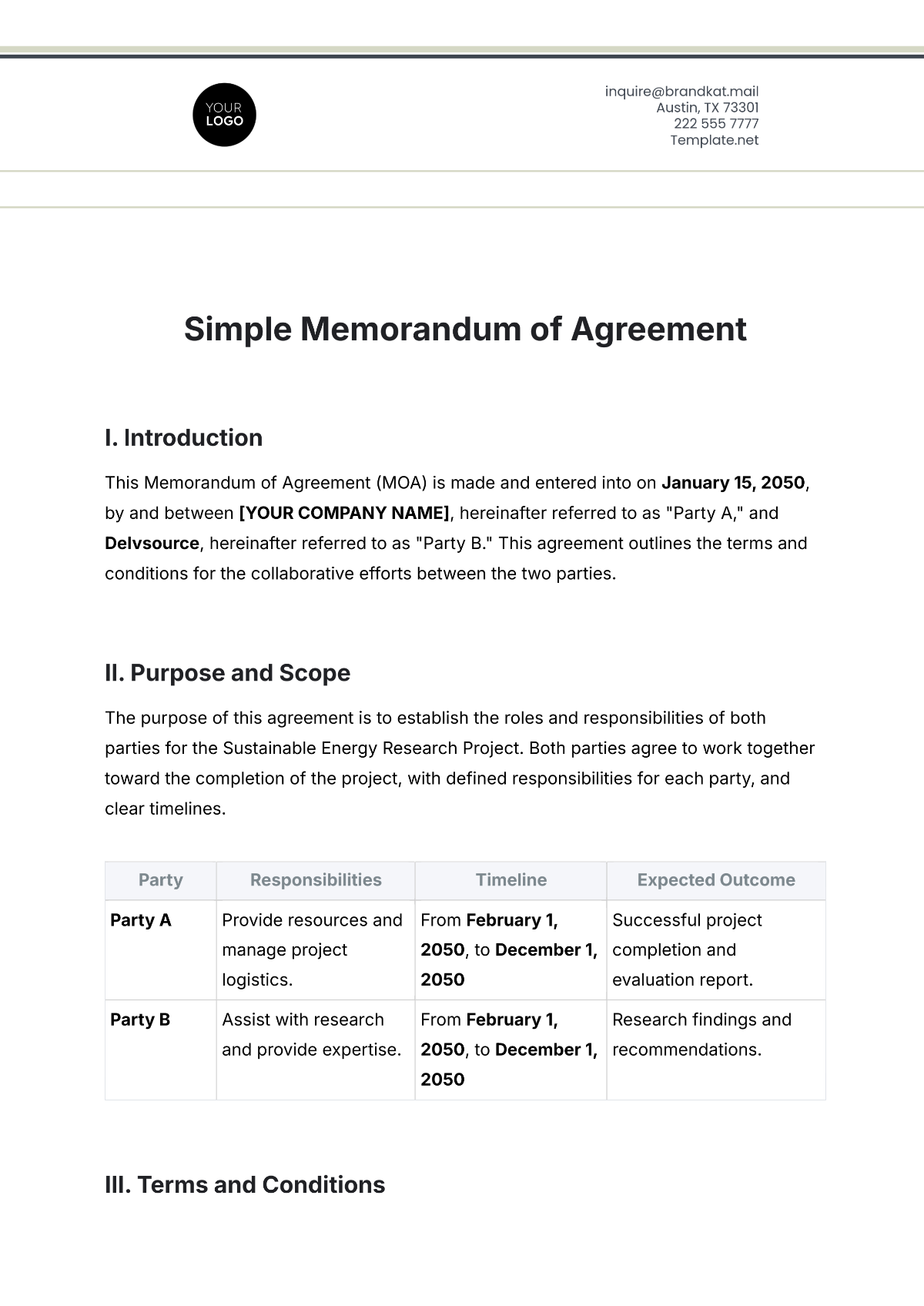 Free Simple Memorandum of Agreement Template