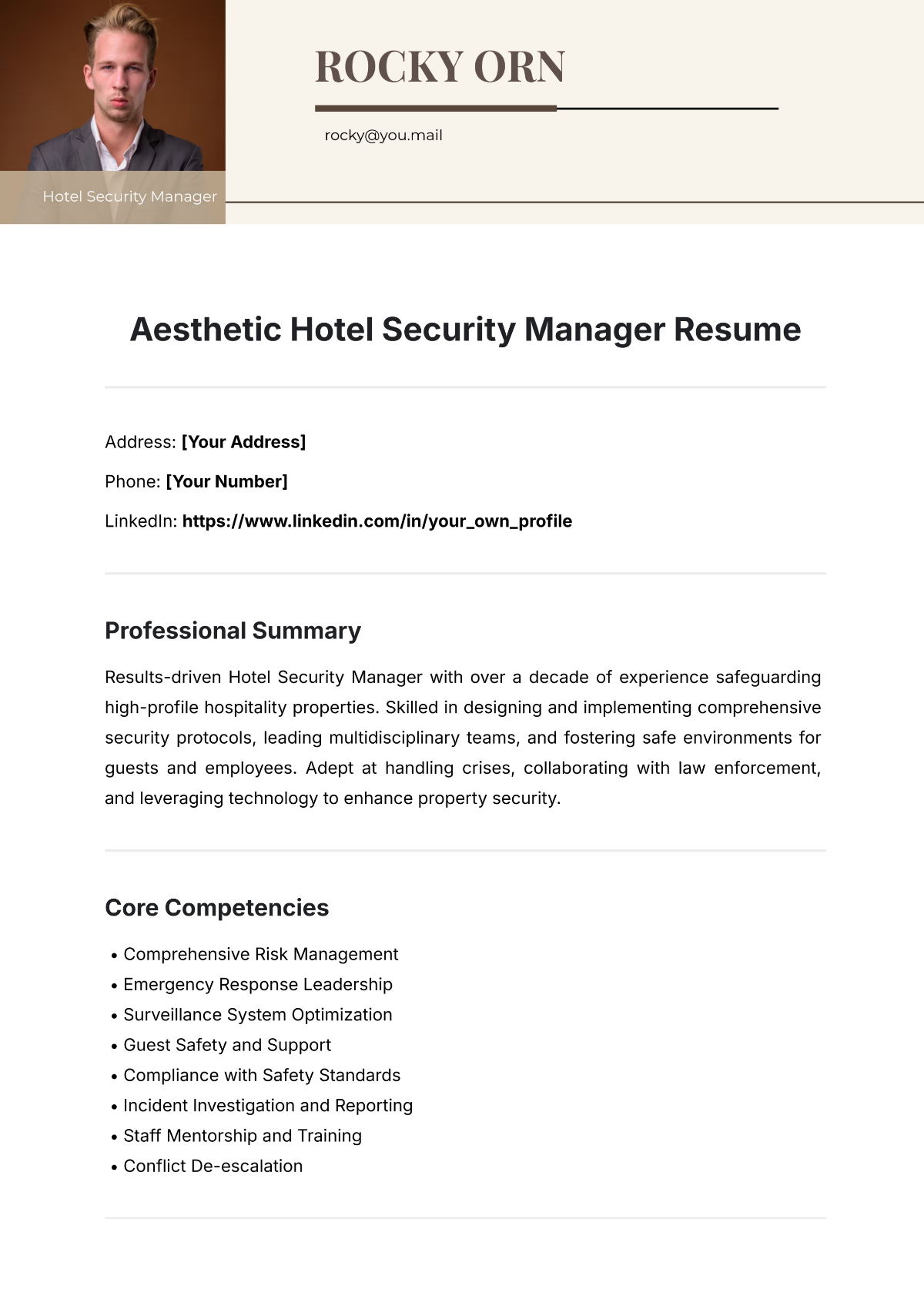 Free Aesthetic Hotel Security Manager Resume Template