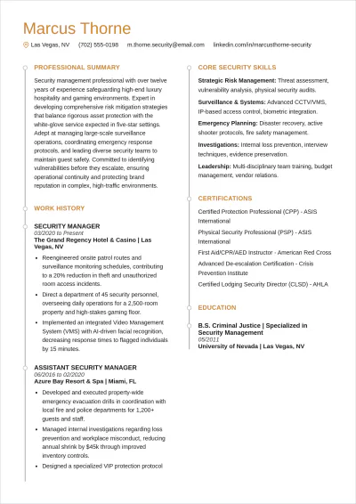 Free Aesthetic Hotel Security Manager ATS Resume Template