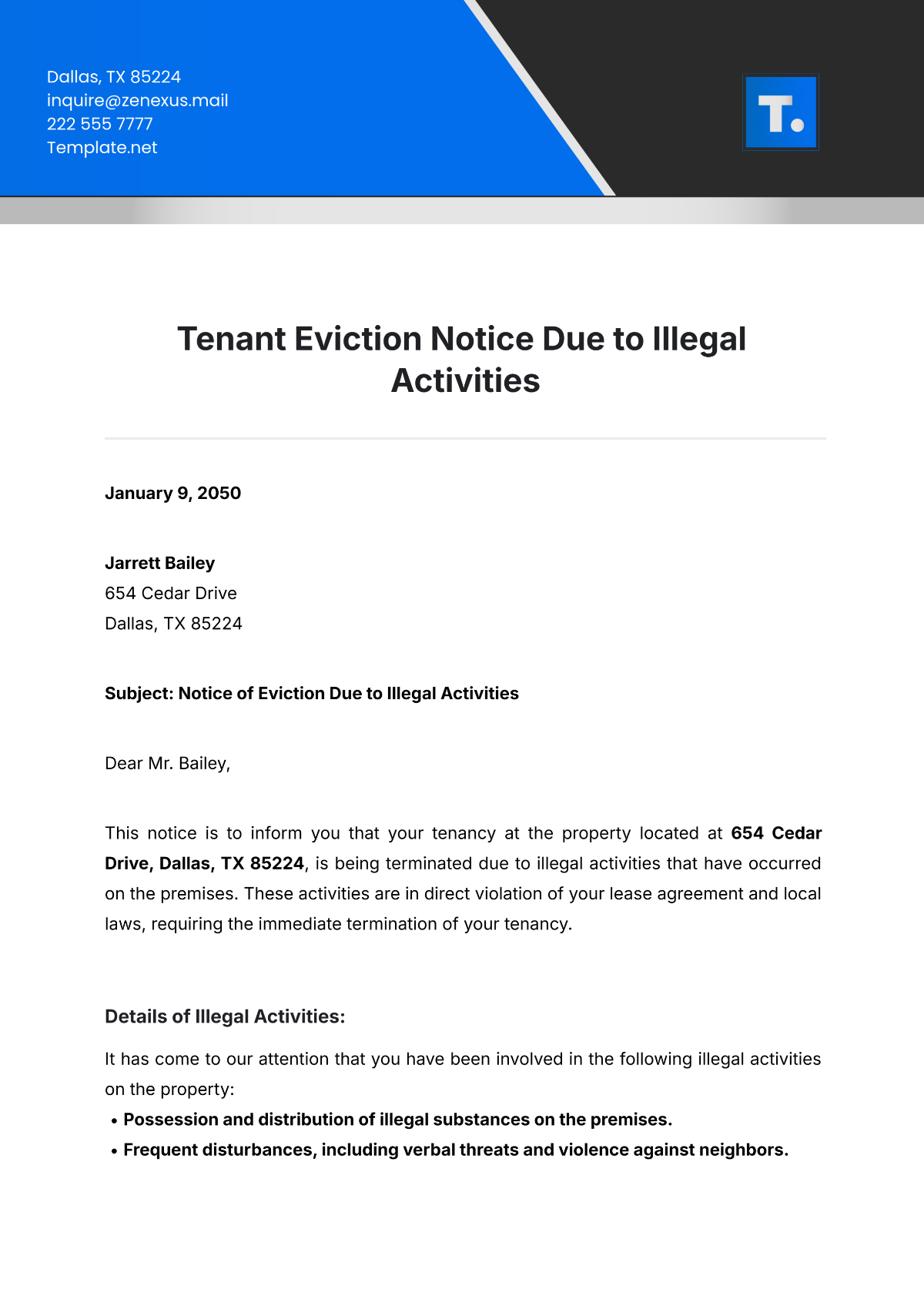 Free Tenant Eviction Notice Due to Illegal Activities Template