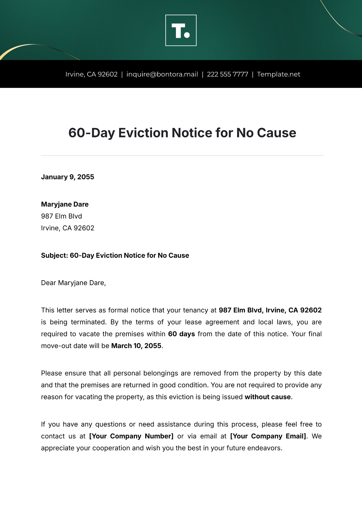 Free Sample 60-Day Eviction Notice for No Cause Template