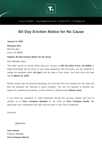 Free Sample 60-Day Eviction Notice for No Cause Template to Edit Online