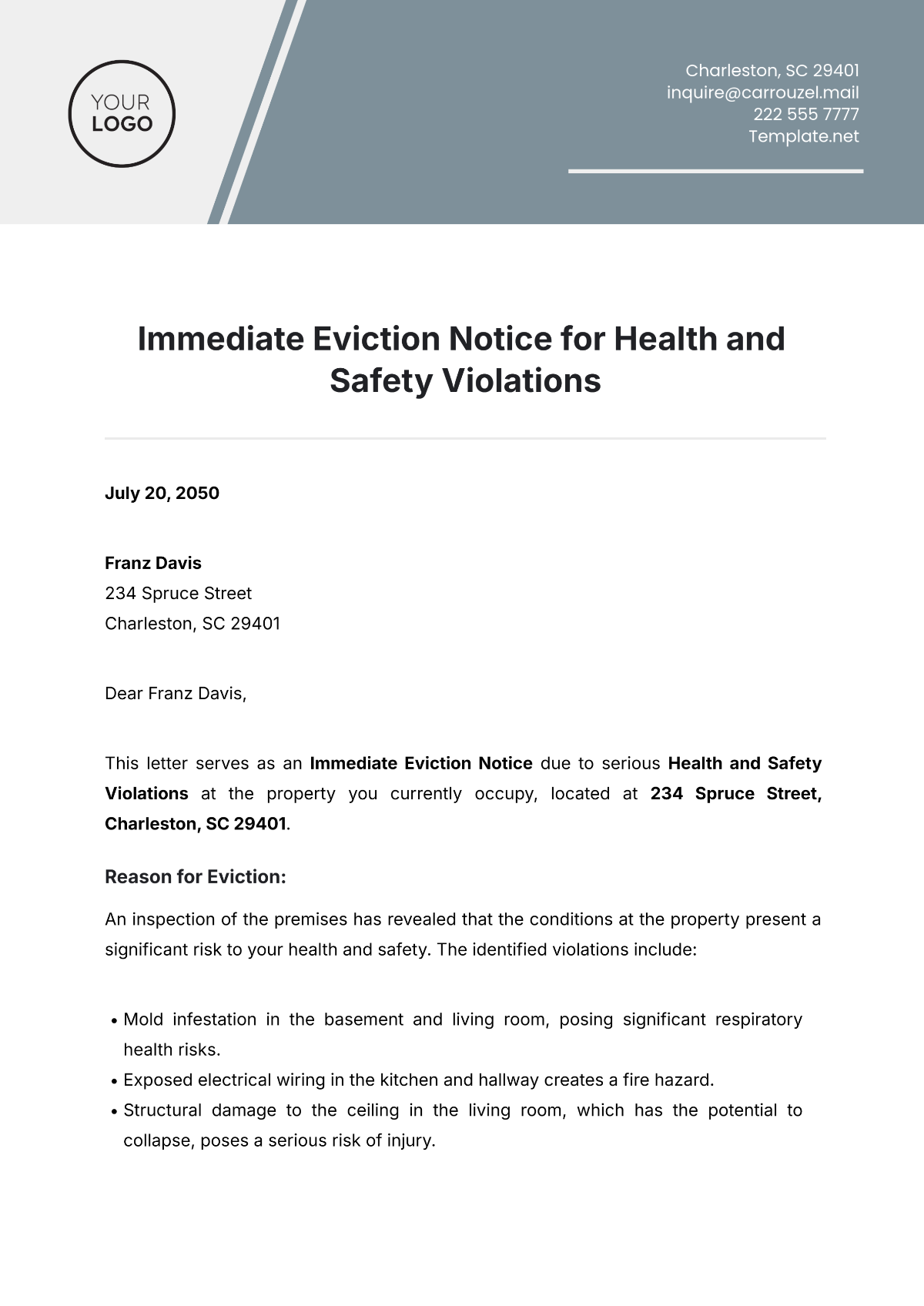 Free Immediate Eviction Notice for Health and Safety Violations Template