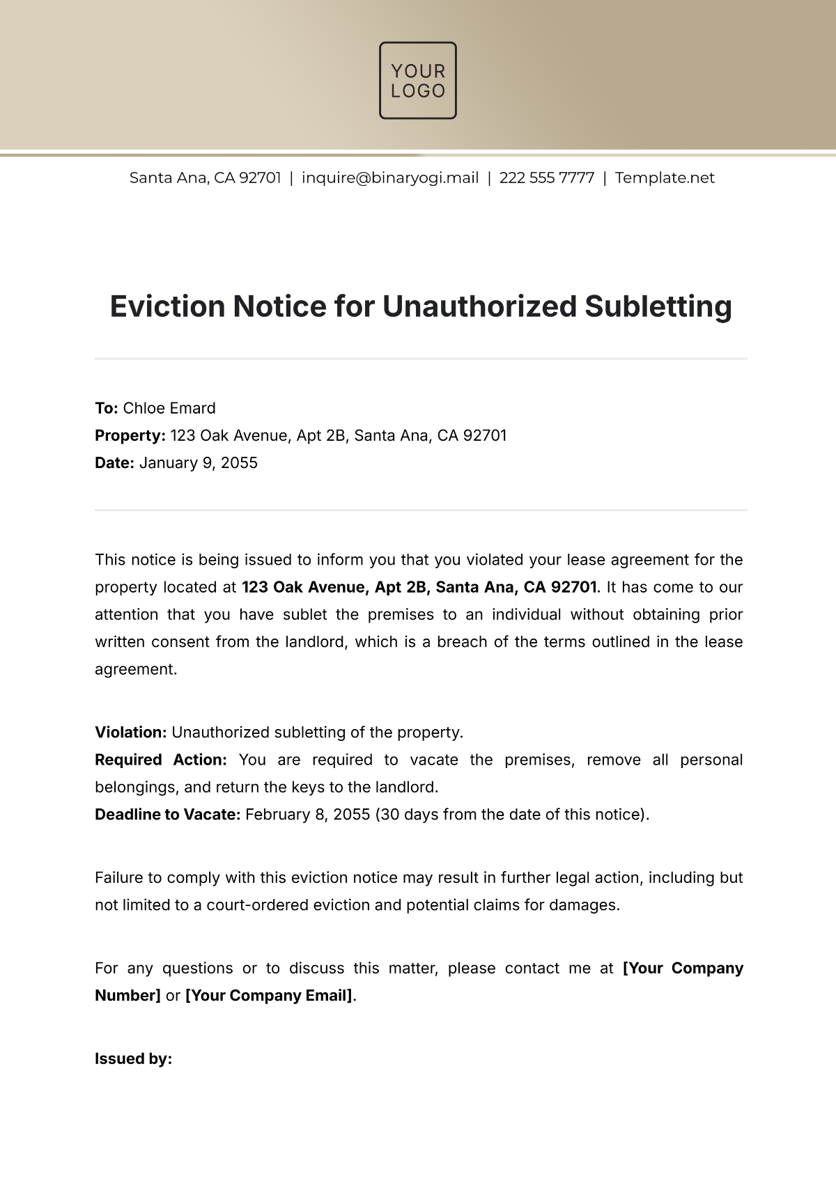 Free Eviction Notice for Unauthorized Subletting Template