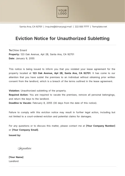 Free Eviction Notice for Unauthorized Subletting Template to Edit Online