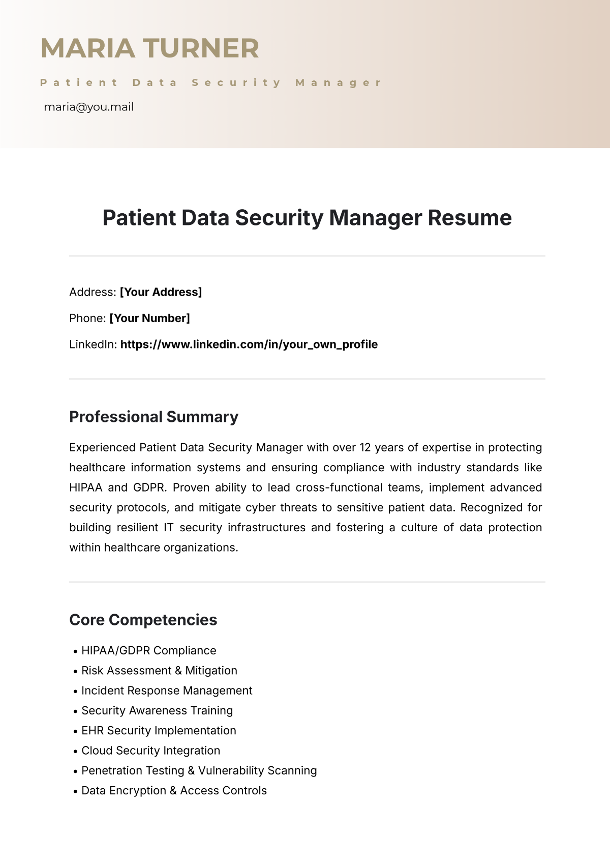 Free Patient Data Security Manager Resume Template