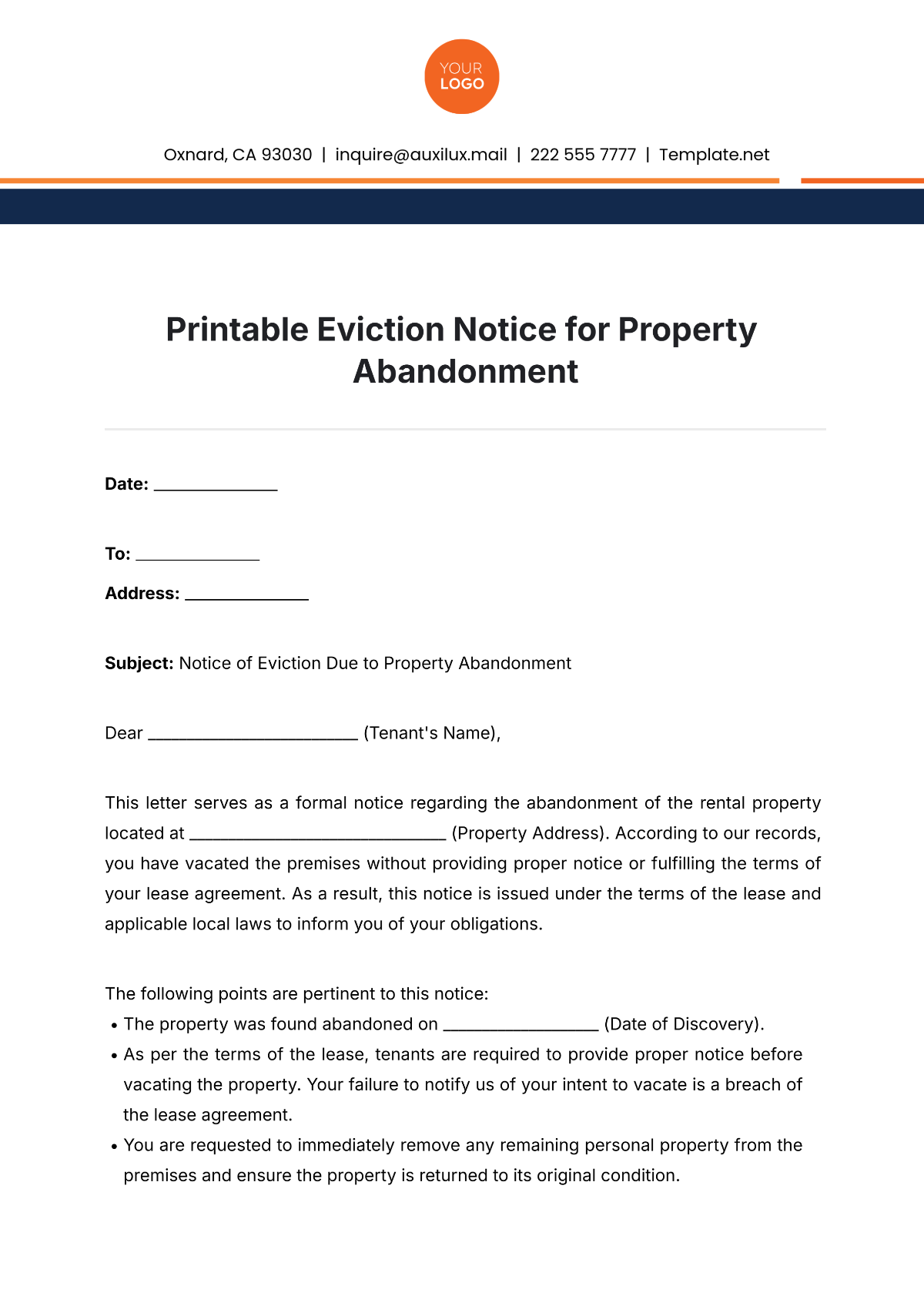 Free Printable Eviction Notice for Property Abandonment Template