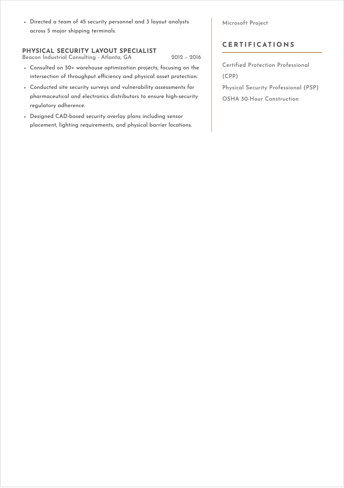 Free Logistics Layout Security Manager ATS Resume Template