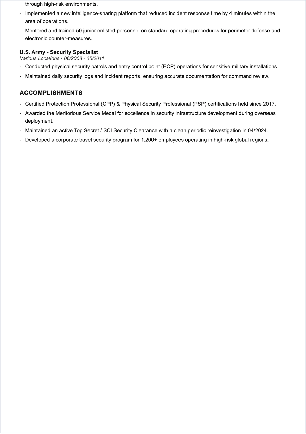Free Military Security Manager ATS Resume Template, AI Resume Builder