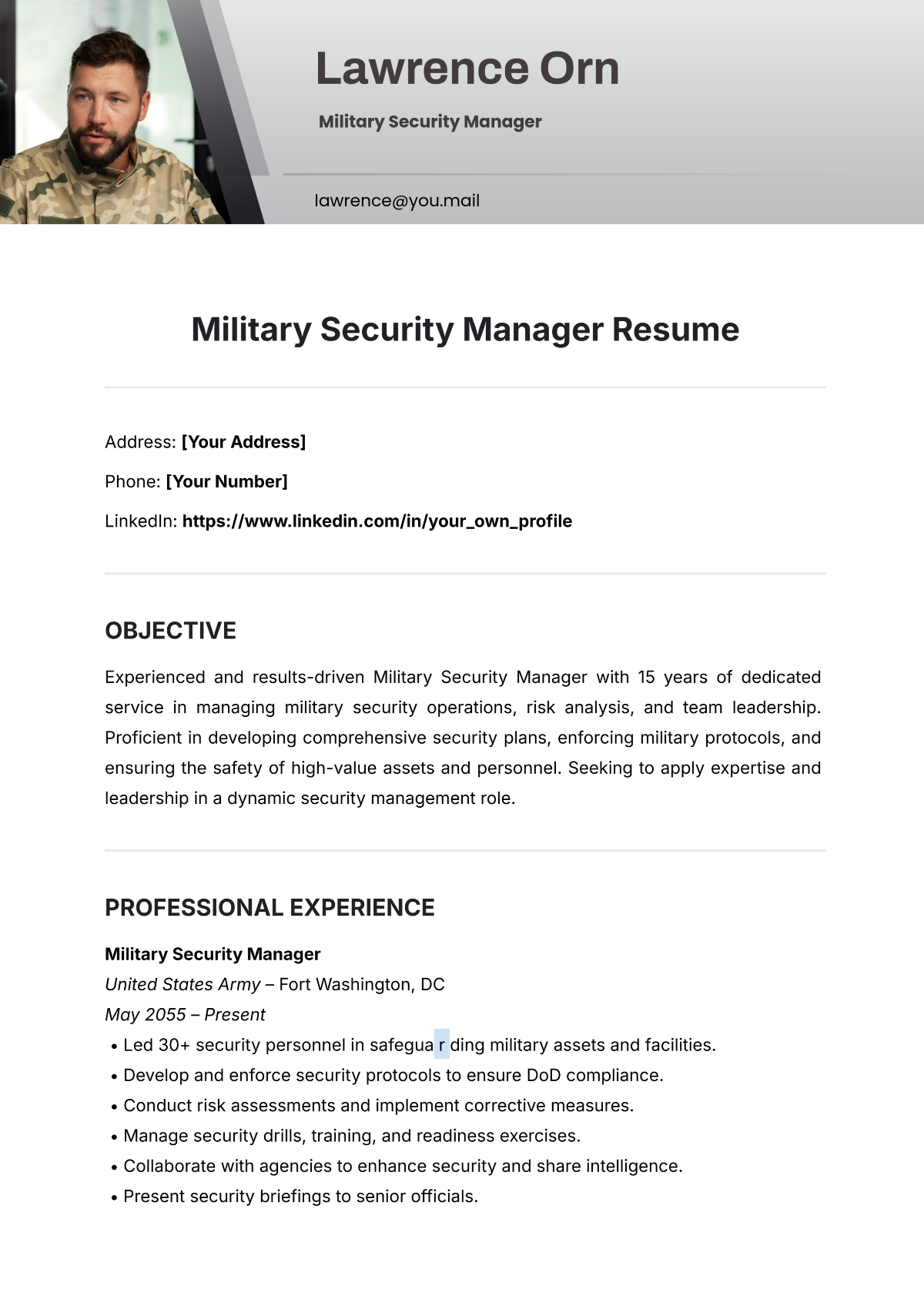 Free Military Security Manager Resume Template