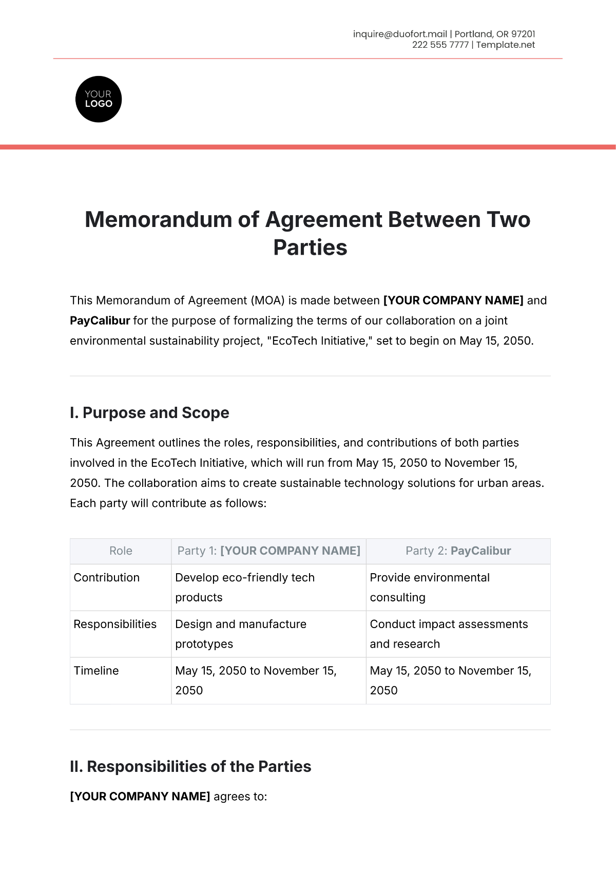 Free Memorandum of Agreement Between Two Parties Template