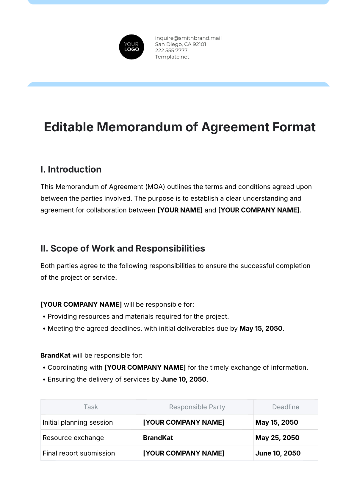 Free Editable Memorandum of Agreement Format Template