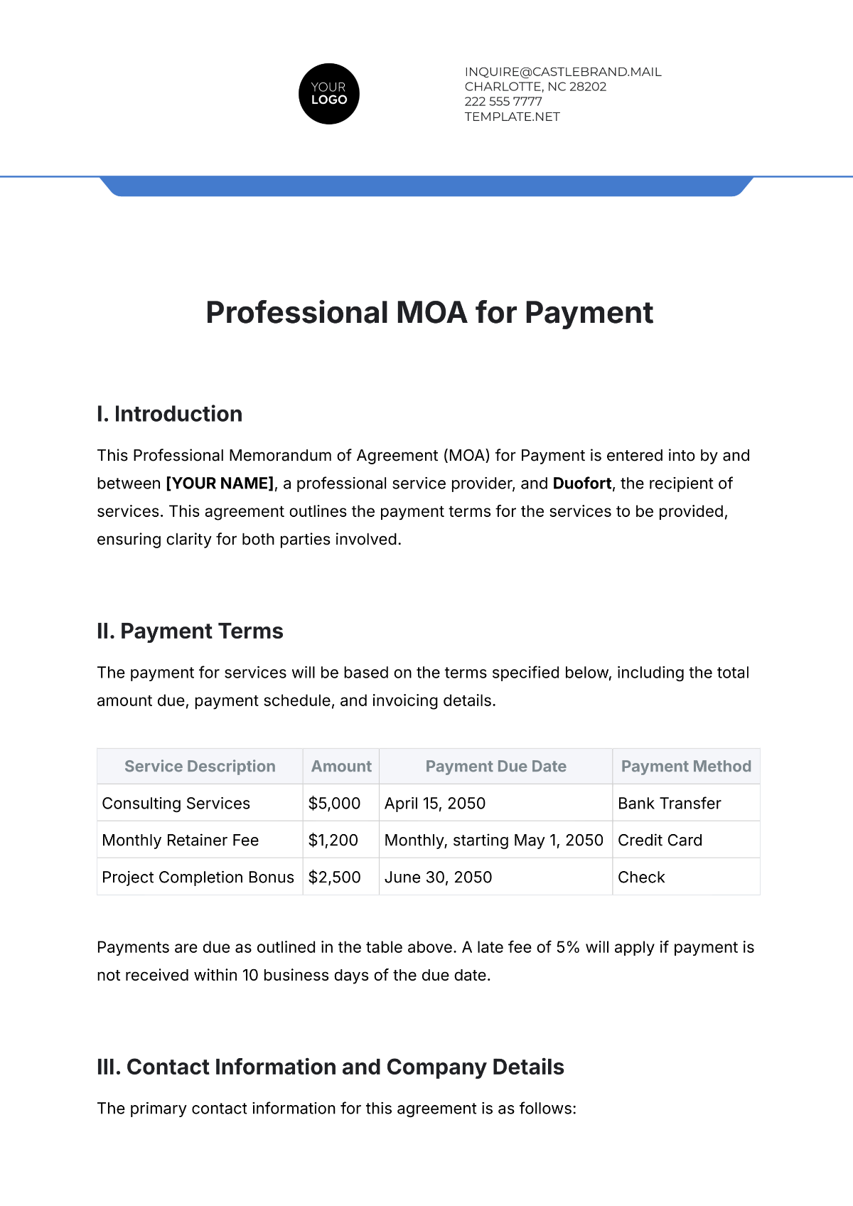 Free Professional MOA for Payment Template