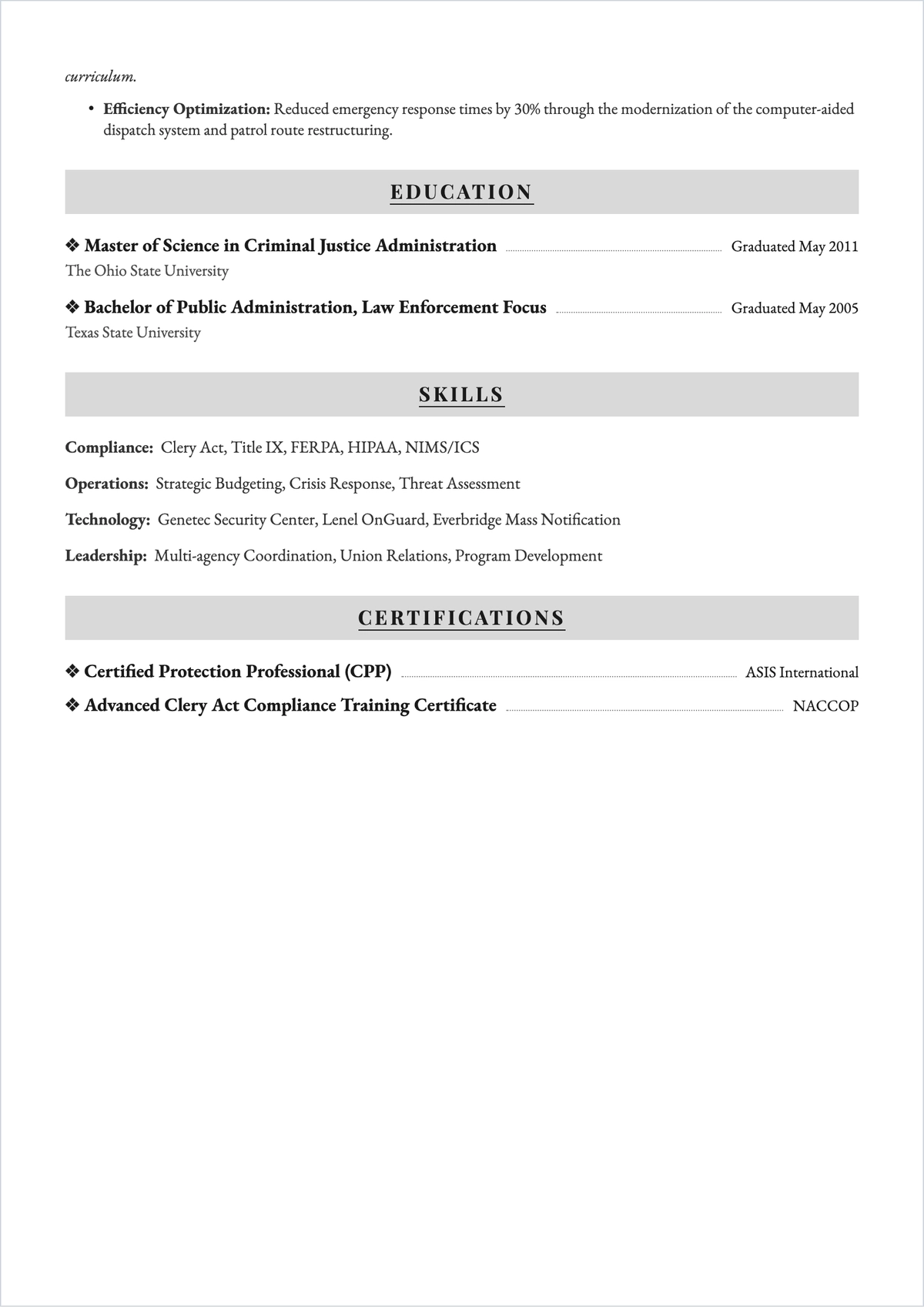 Free University Security Manager ATS Resume Template