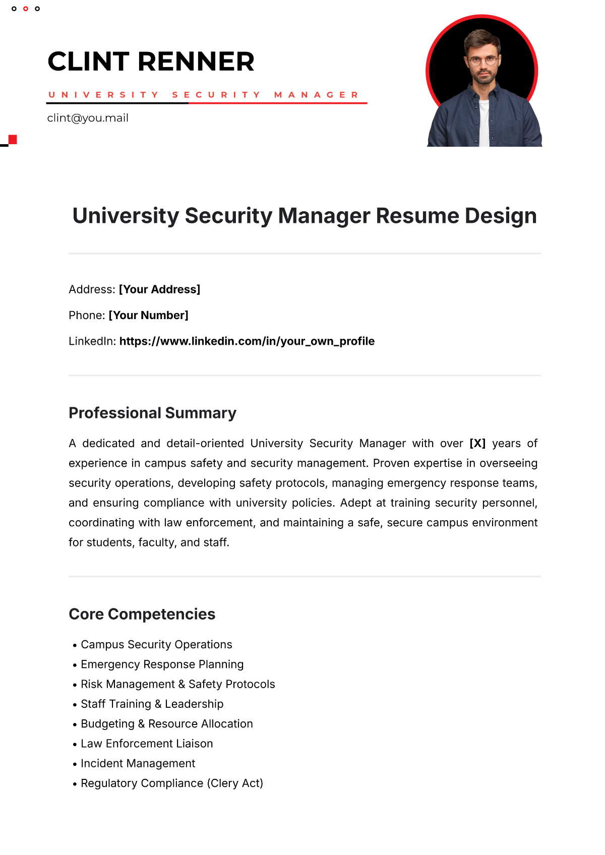 Free University Security Manager Resume Design Template