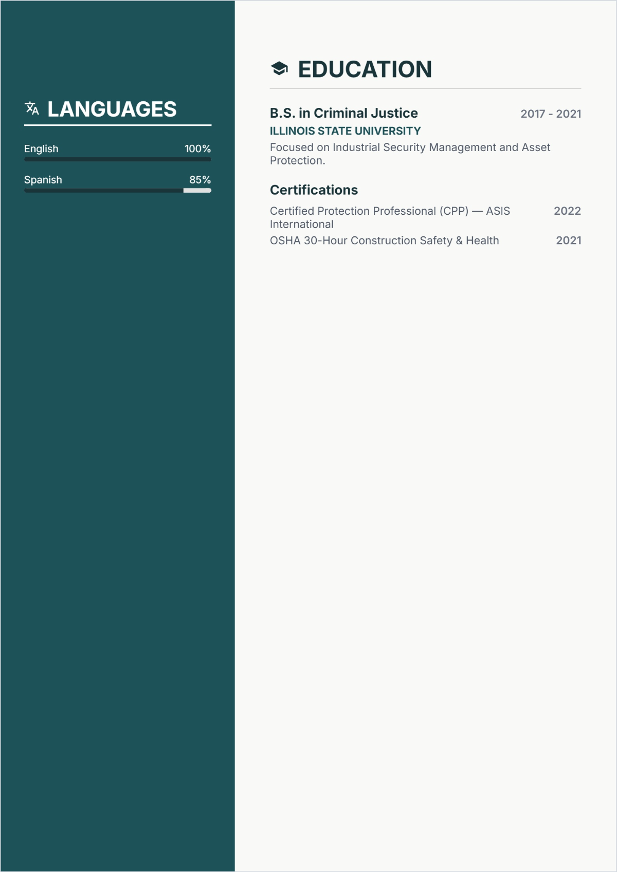 Free Construction Site Security Manager Resume Template to Edit Online